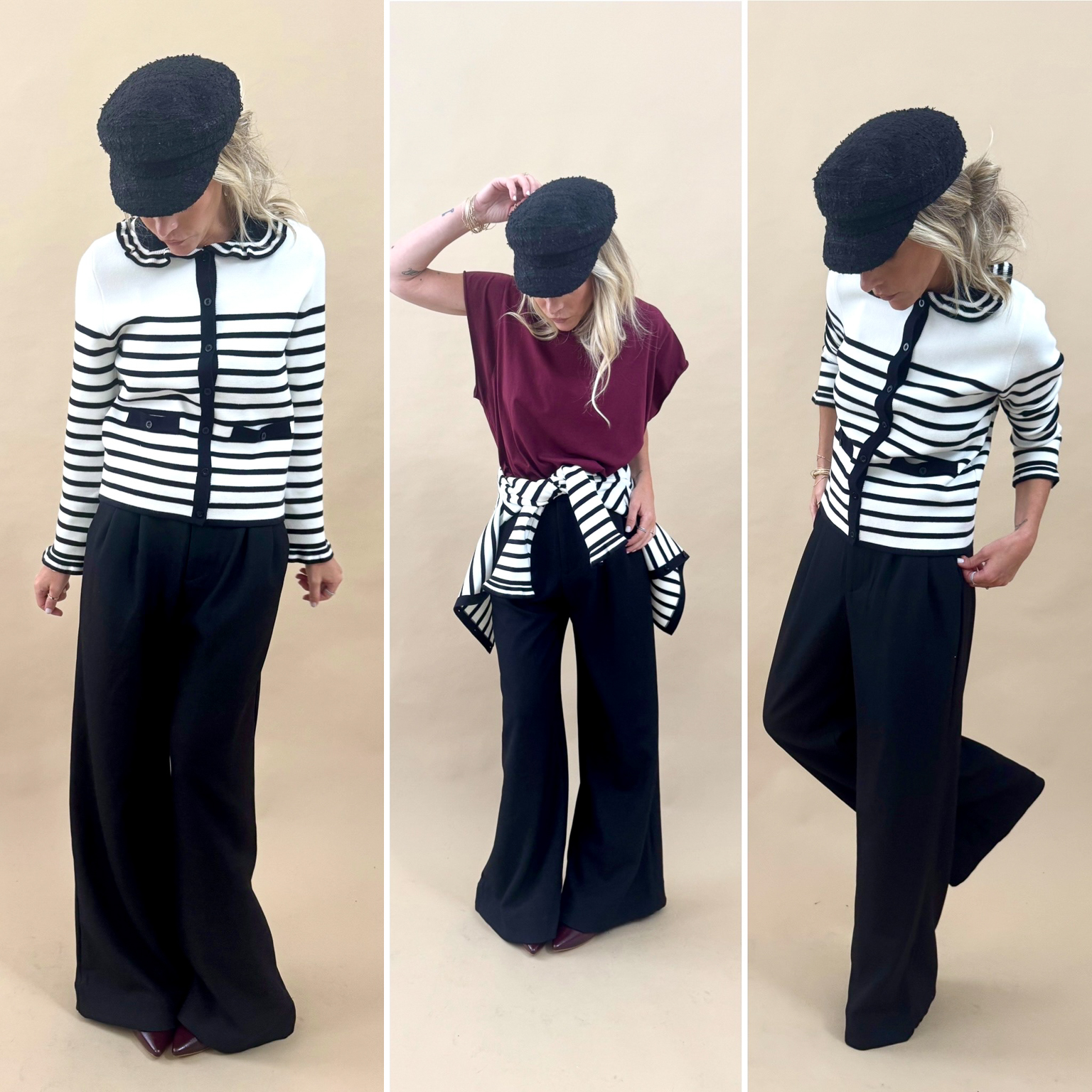 Cardigan à rayures noires col claudine