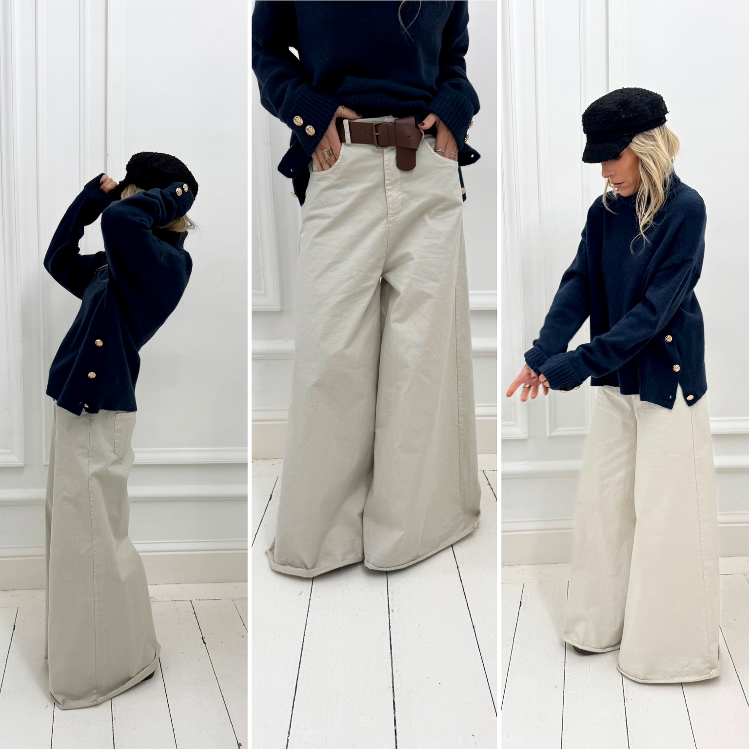 Pantalon large beige ceinturé