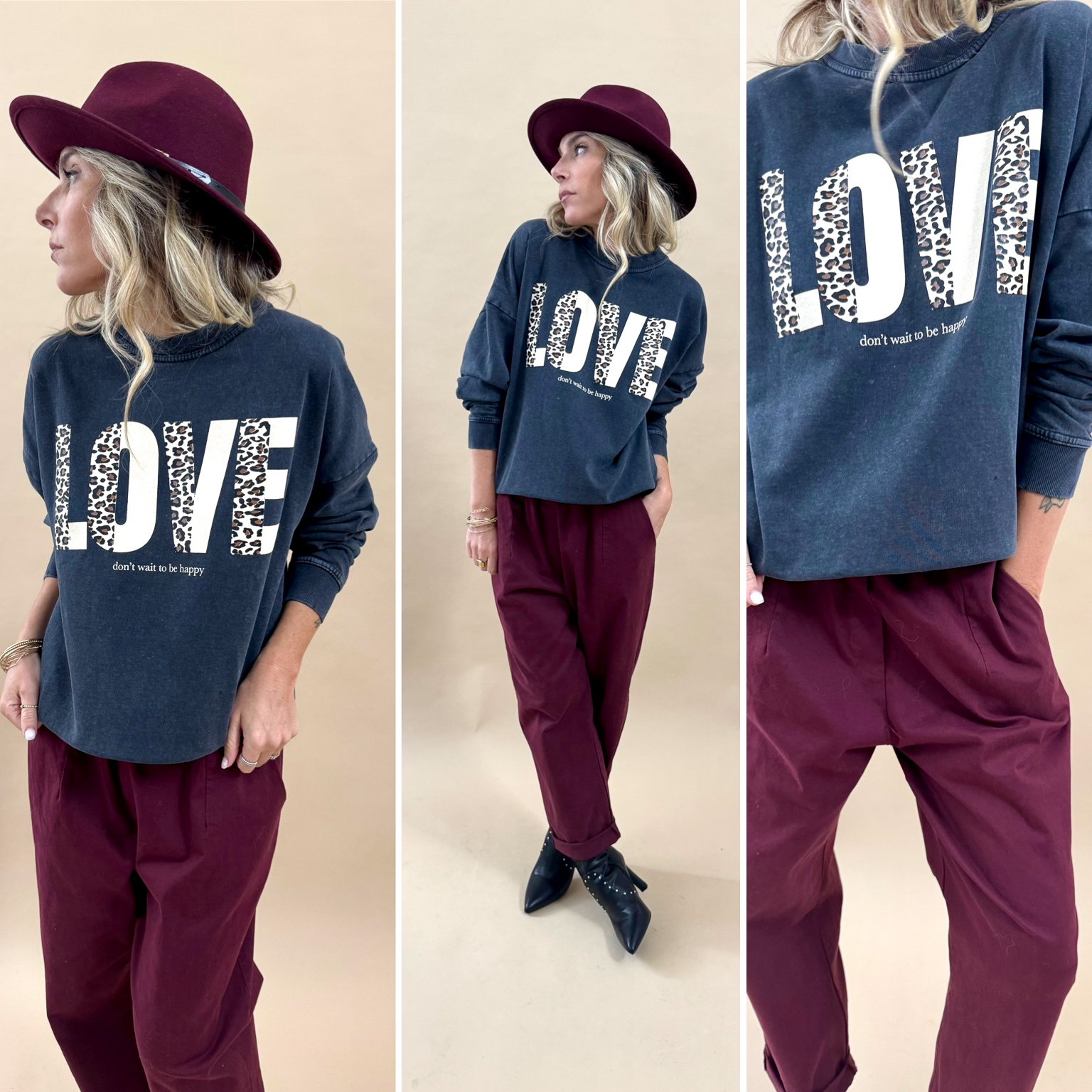 Pantalon bordeaux avec ceinture leopard