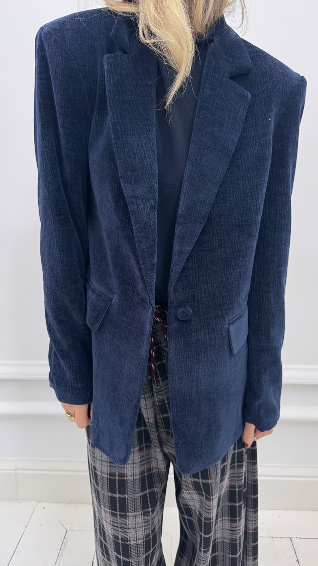 Veste blazer bleu marine en velours – Image 2