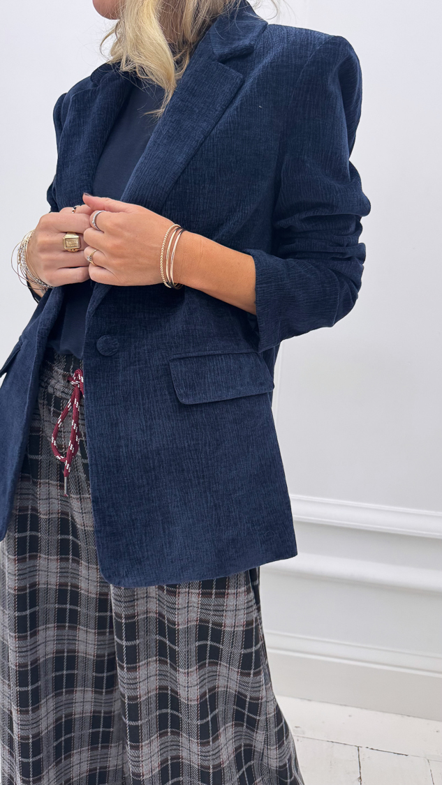 Veste blazer bleu marine en velours – Image 3