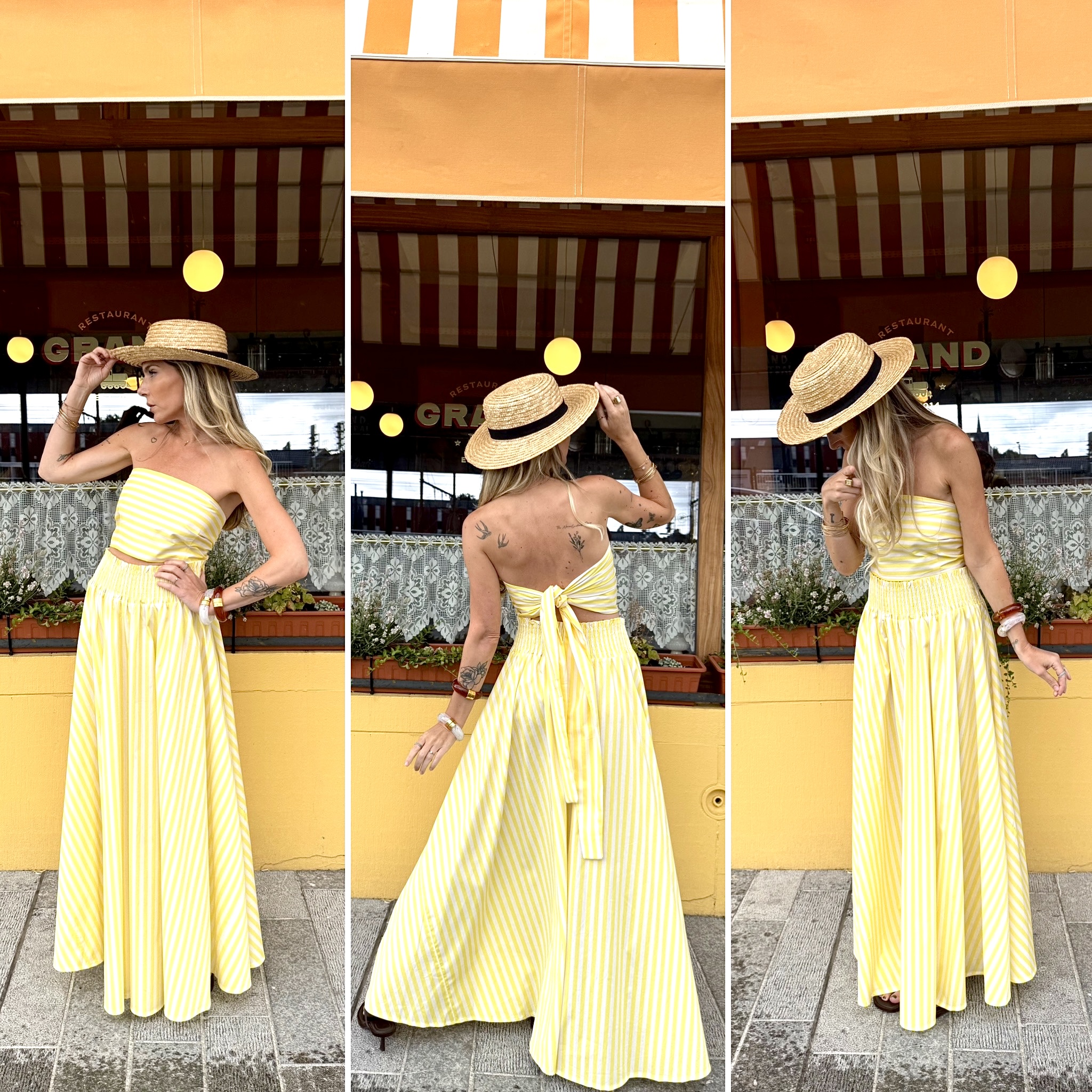 Ensemble jupe et top noué rayé jaune