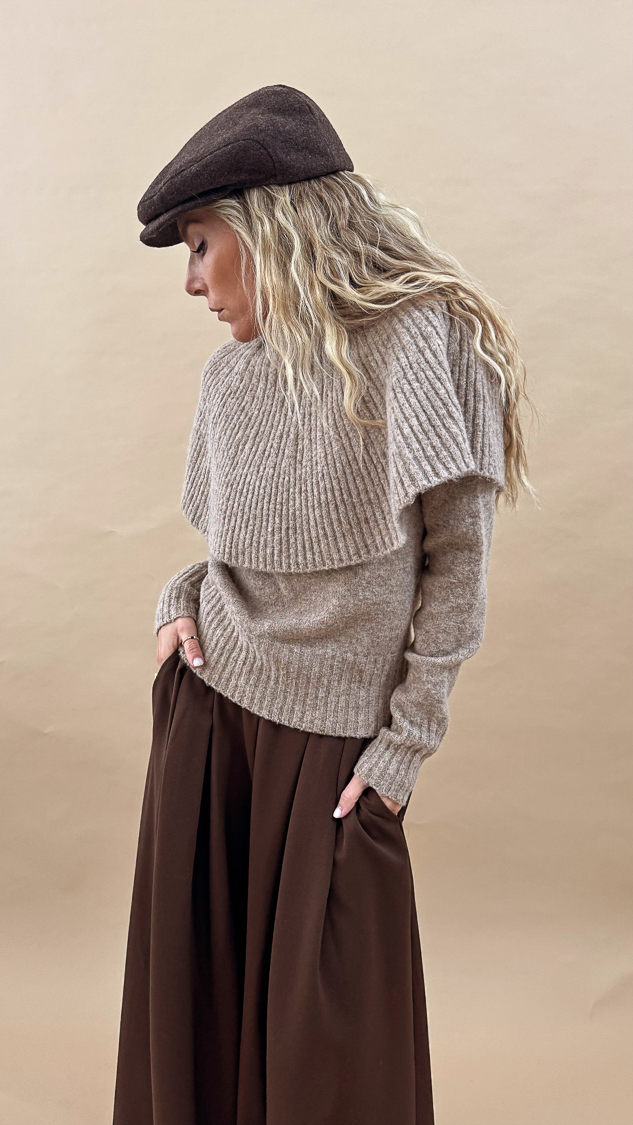 Pull taupe col claudine – Image 6
