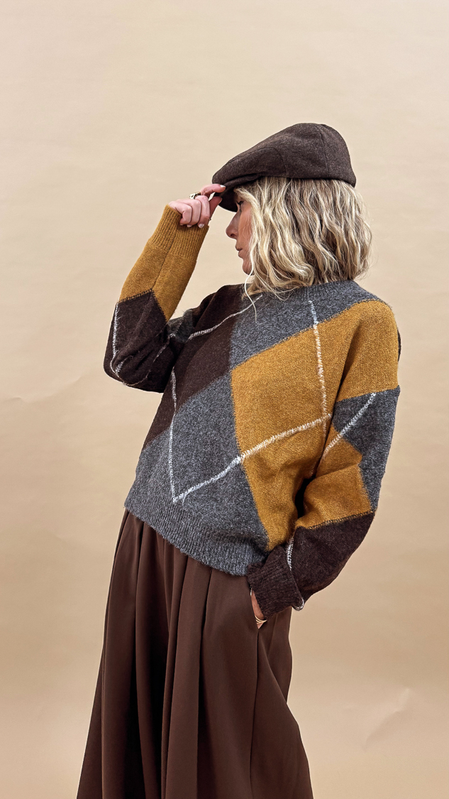 Pull marron et ocre à losanges – Image 3