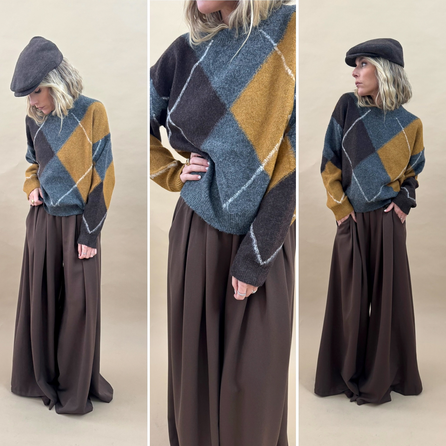 Pull marron et ocre à losanges