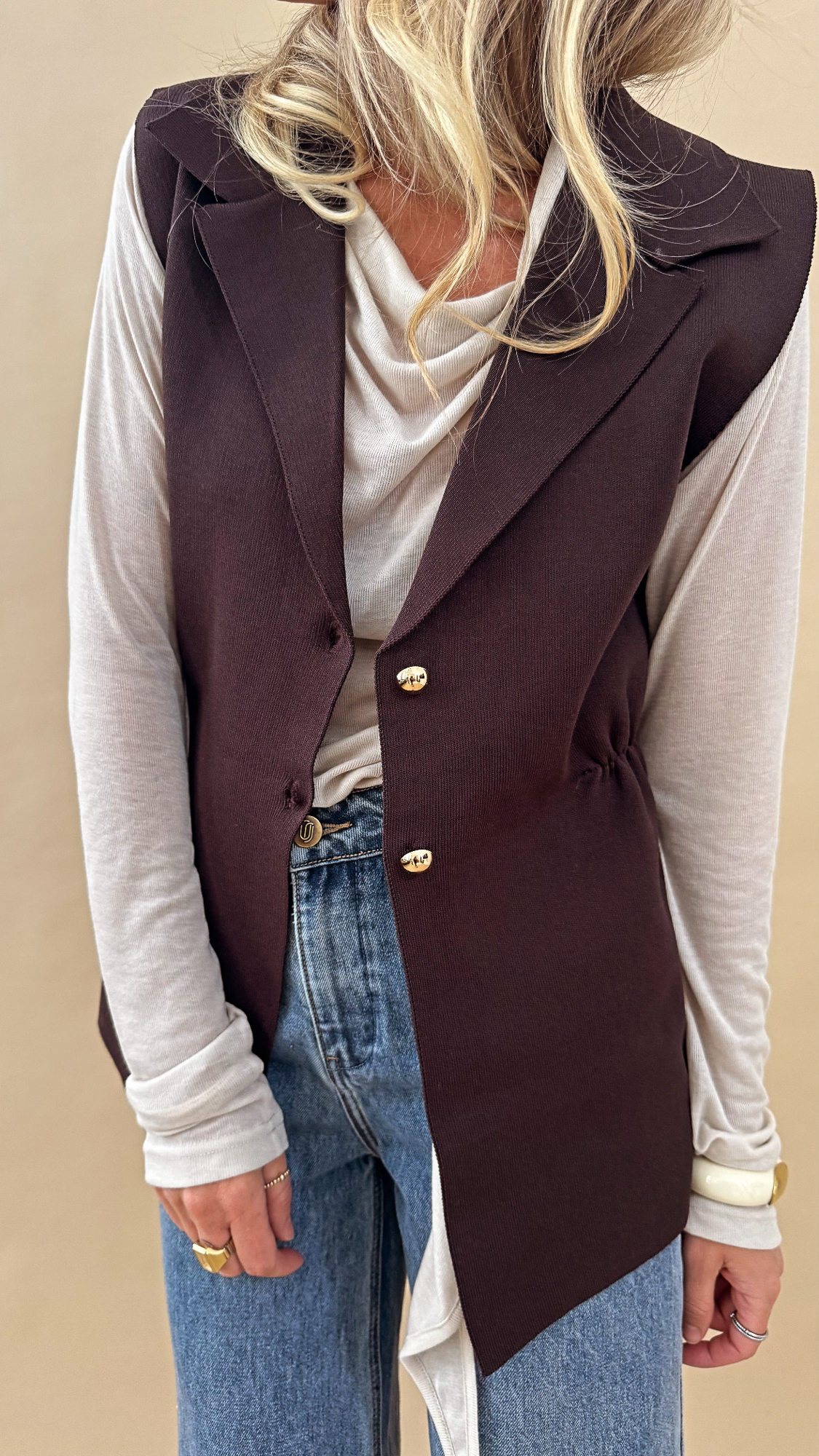 gilet long marron cotelé sans manche – Image 6