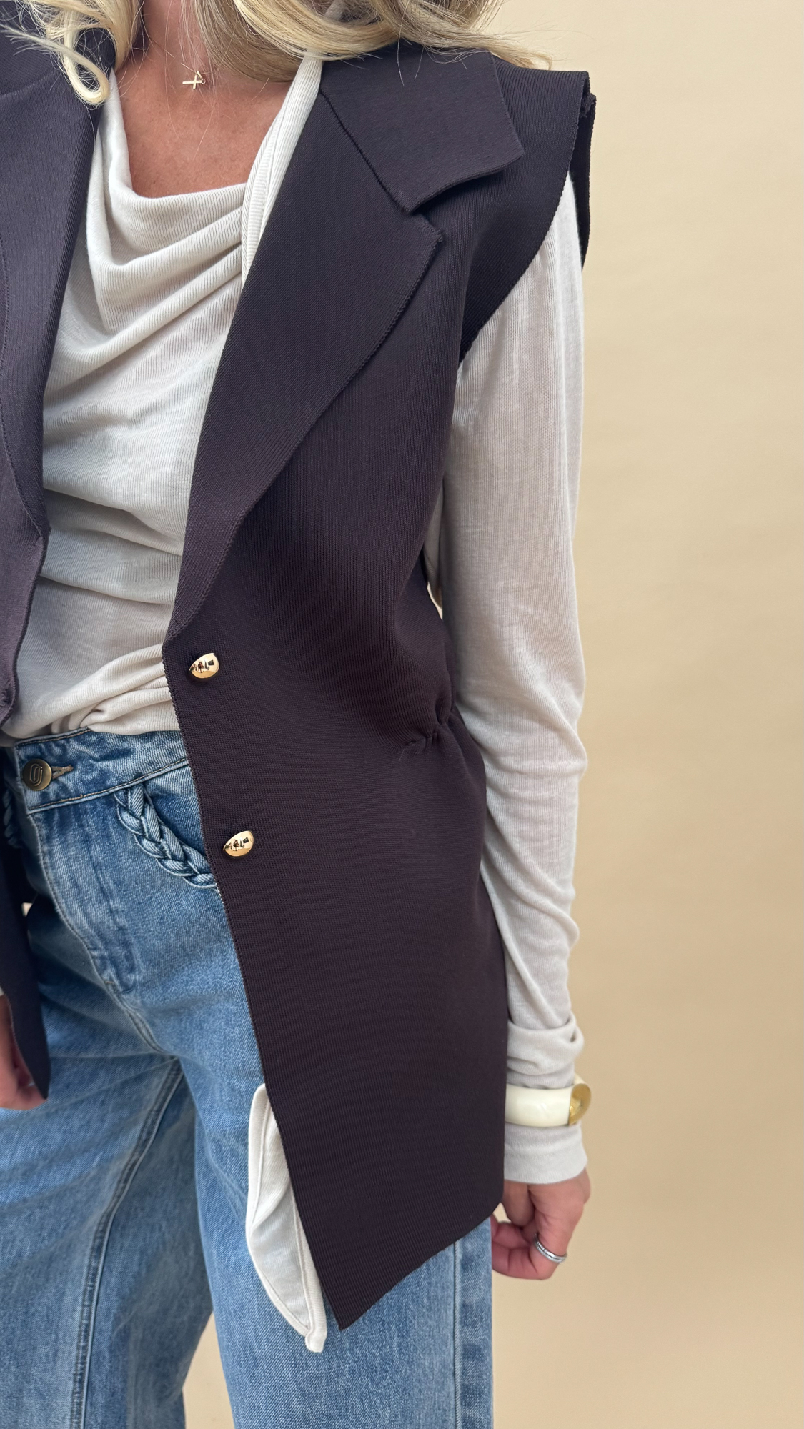 gilet long marron cotelé sans manche – Image 5