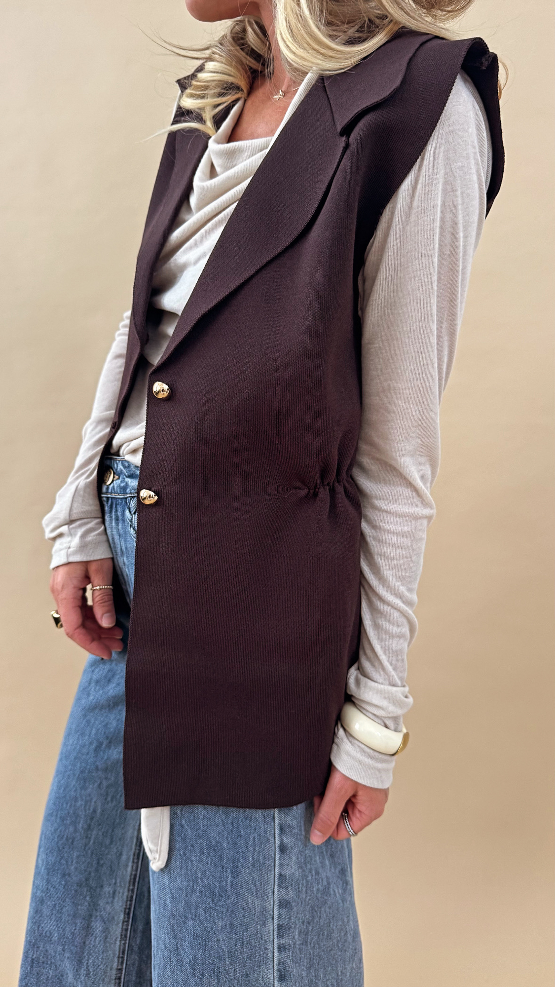 gilet long marron cotelé sans manche – Image 4