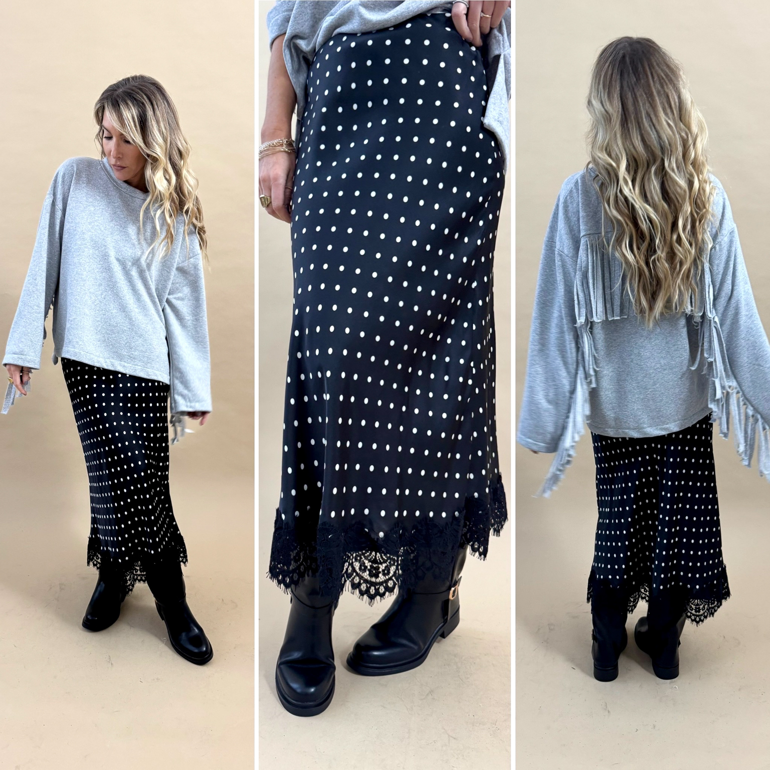 Jupe dentelle longue noire à pois