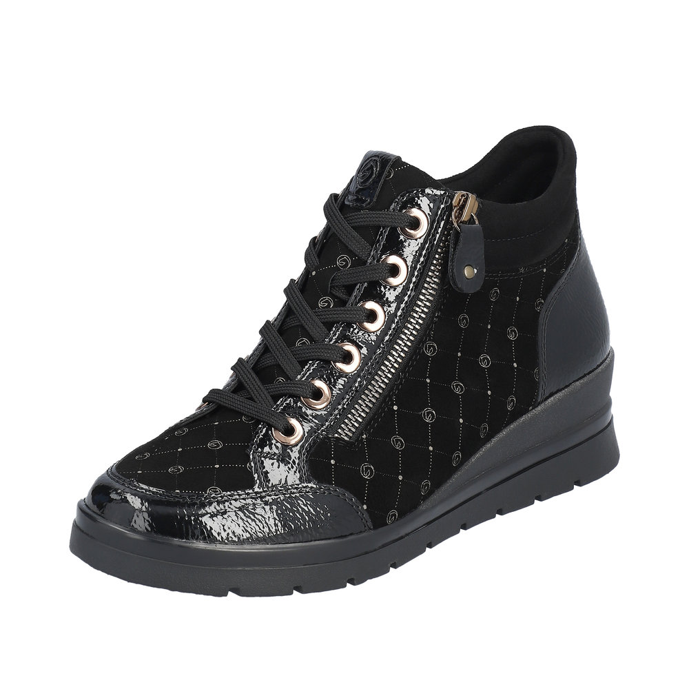 Boots mode cuir femme lacets+zip Talon compensé Doublure chaude REMONTE noir / vernis noir