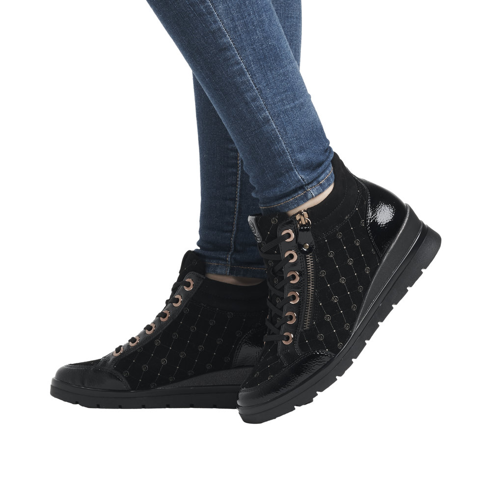 Boots mode cuir femme lacets+zip Talon compensé Doublure chaude REMONTE noir / vernis noir – Image 9