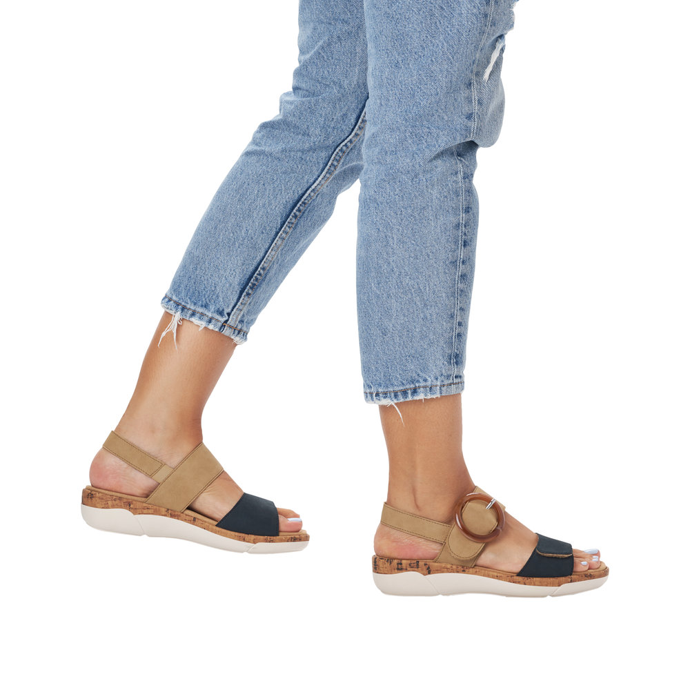 Sandales à talon compensé Dessus cuir Fermeture à velcros Semelle intérieure amovible REMONTE marine beige – Image 9