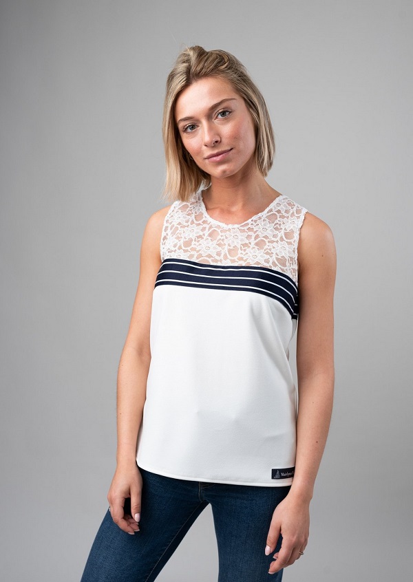 Top en dentelle beige – 3 fines rayures blanches – Image 4