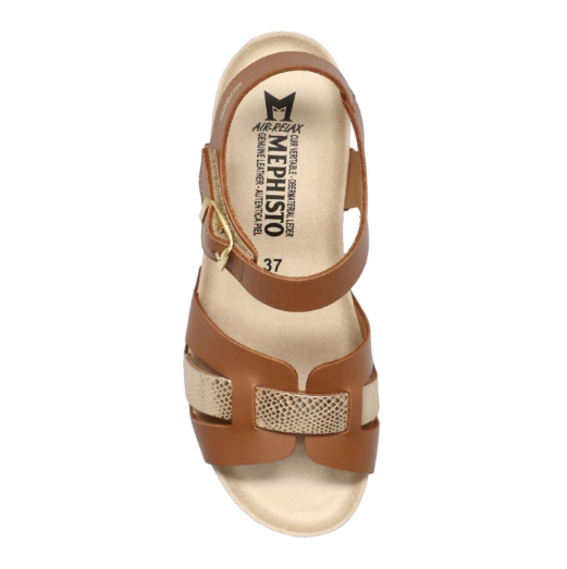 Sandale à brides cuir femme Nu-pied dame Talon compensé velcro coloris marron/or MEPHISTO VERANA – Image 2