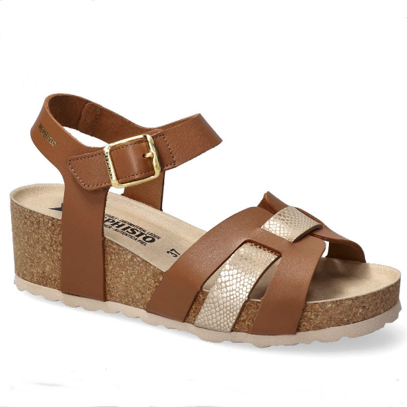 Sandale à brides cuir femme Nu-pied dame Talon compensé velcro coloris marron/or MEPHISTO VERANA