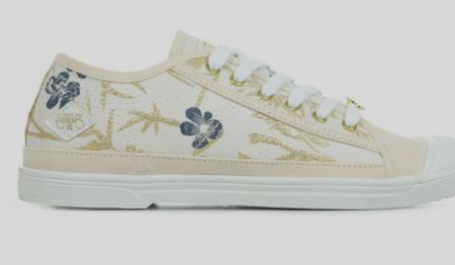 Basket toile femme Semelle plate Lacets LE TEMPS DES CERISES beige imprimé doré / marine – Image 2
