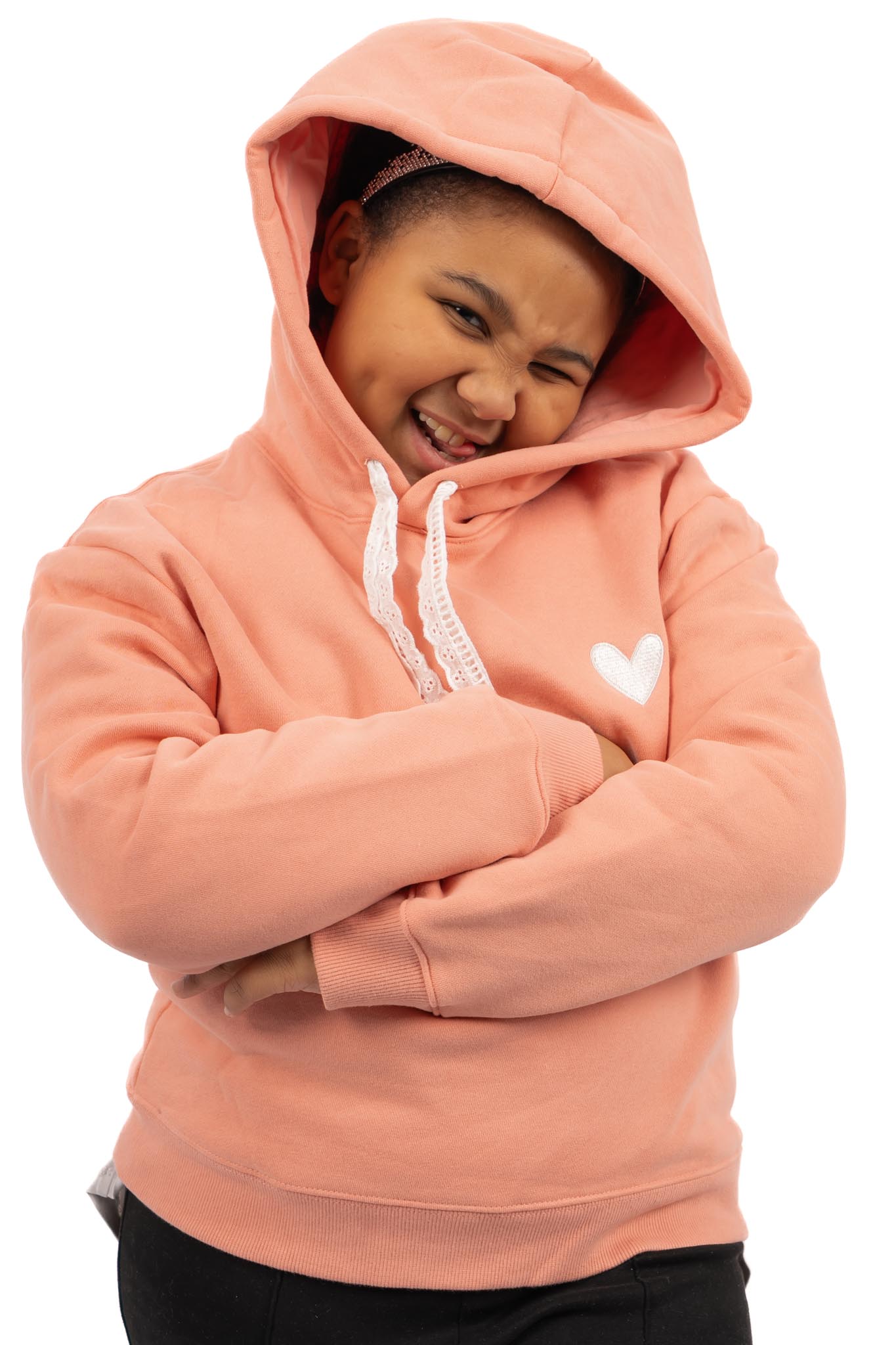 Sweat à capuche rose coeur brodé fille – Image 3