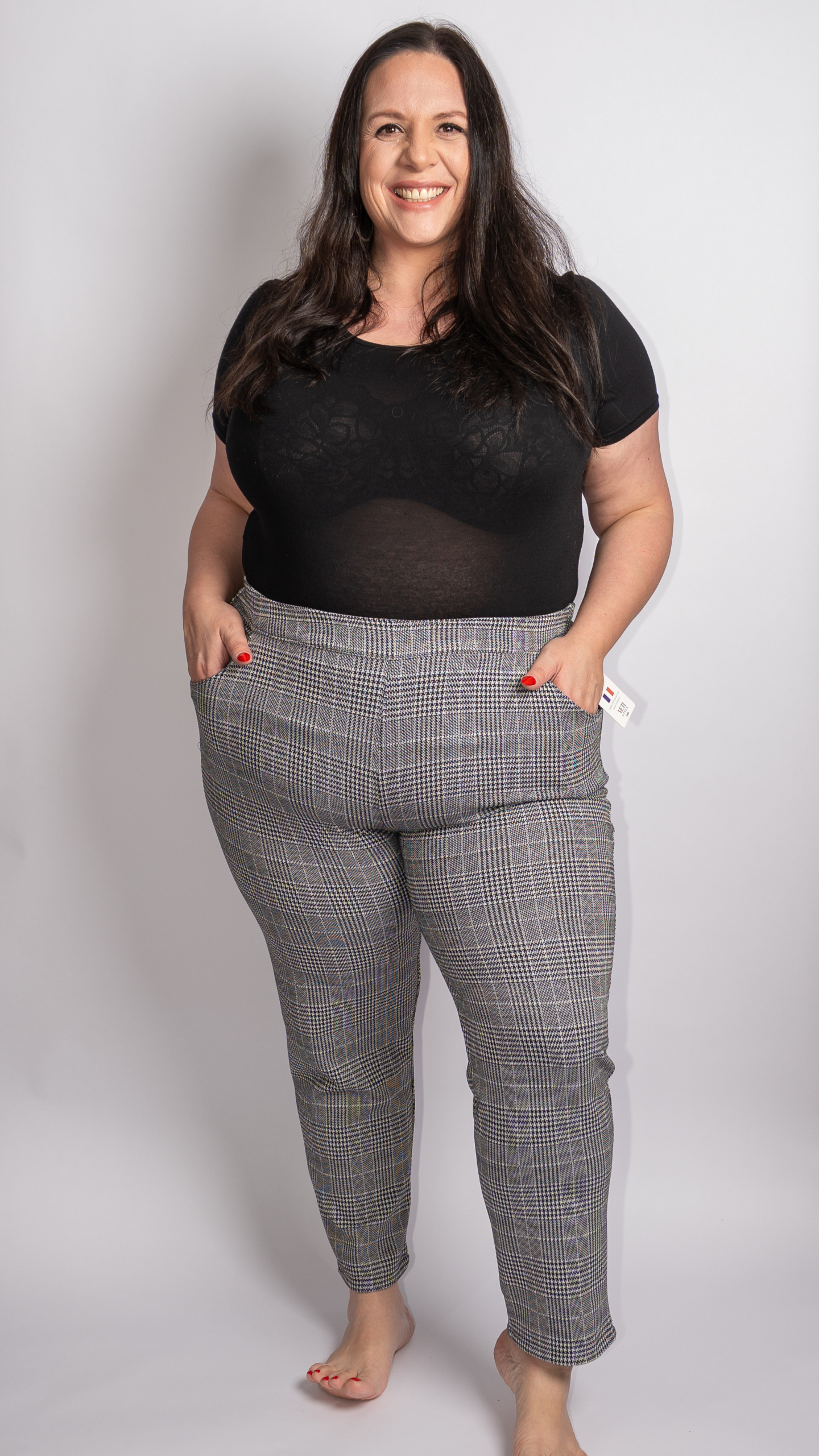 Pantalon stretch à carreaux pied de poule