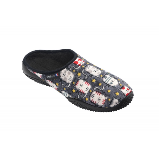 Mules femme AIRPLUM motif chat coloris gris multi semelle plate chaudes