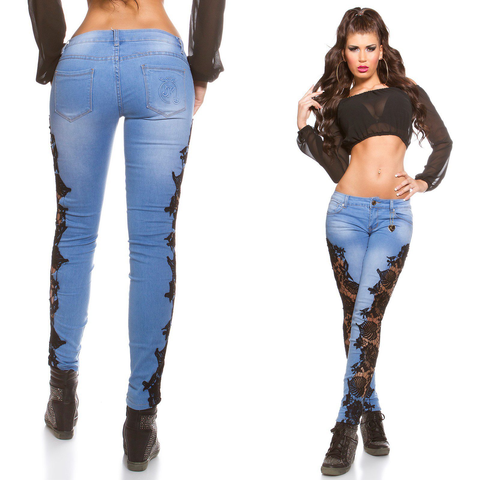 Jeans Skinny femme avec dentelle noire SANDRA couleur bleu – Image 3
