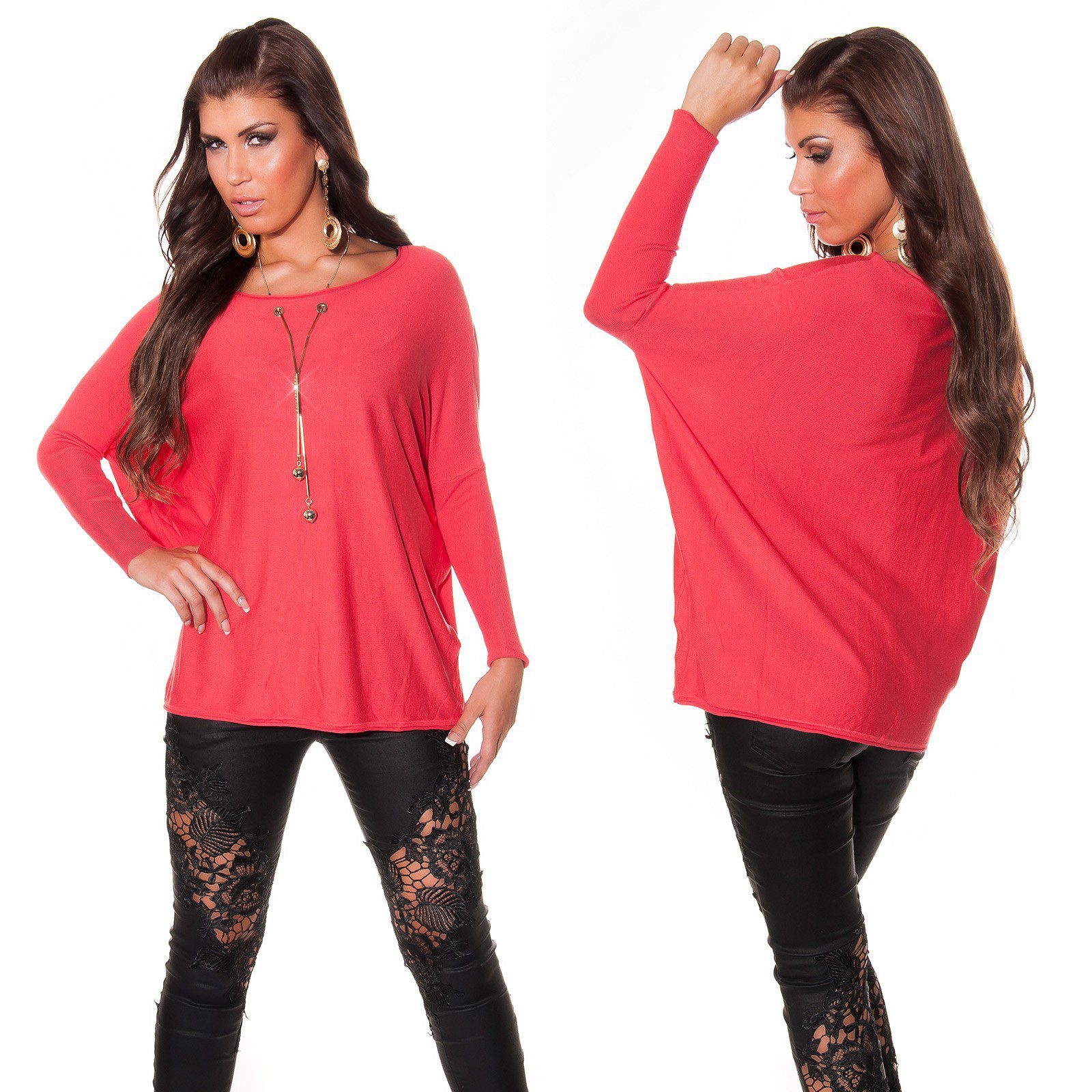 Pull femme fashion avec chaîne amovible SOLINE couleur corail