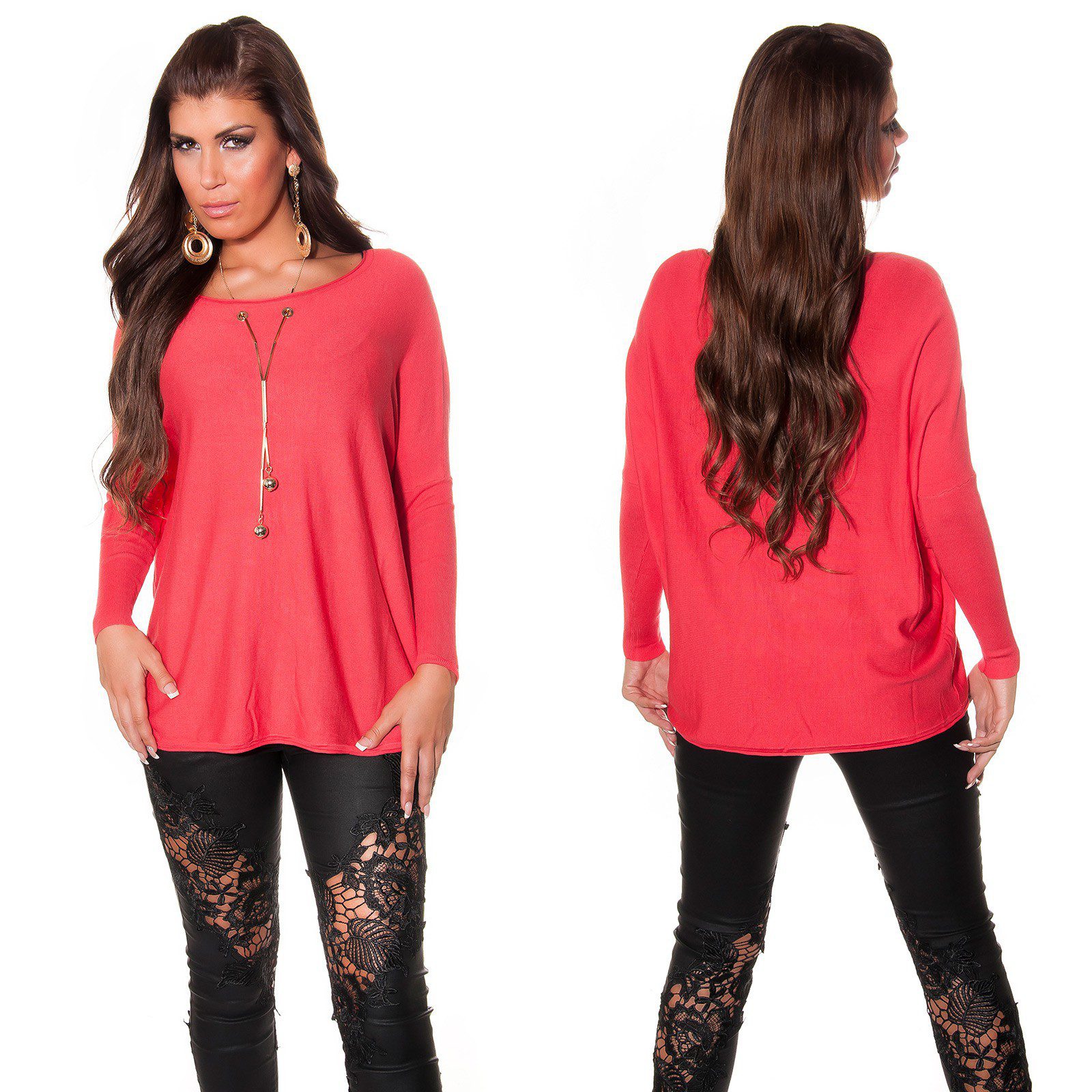 Pull femme fashion avec chaîne amovible SOLINE couleur corail – Image 4