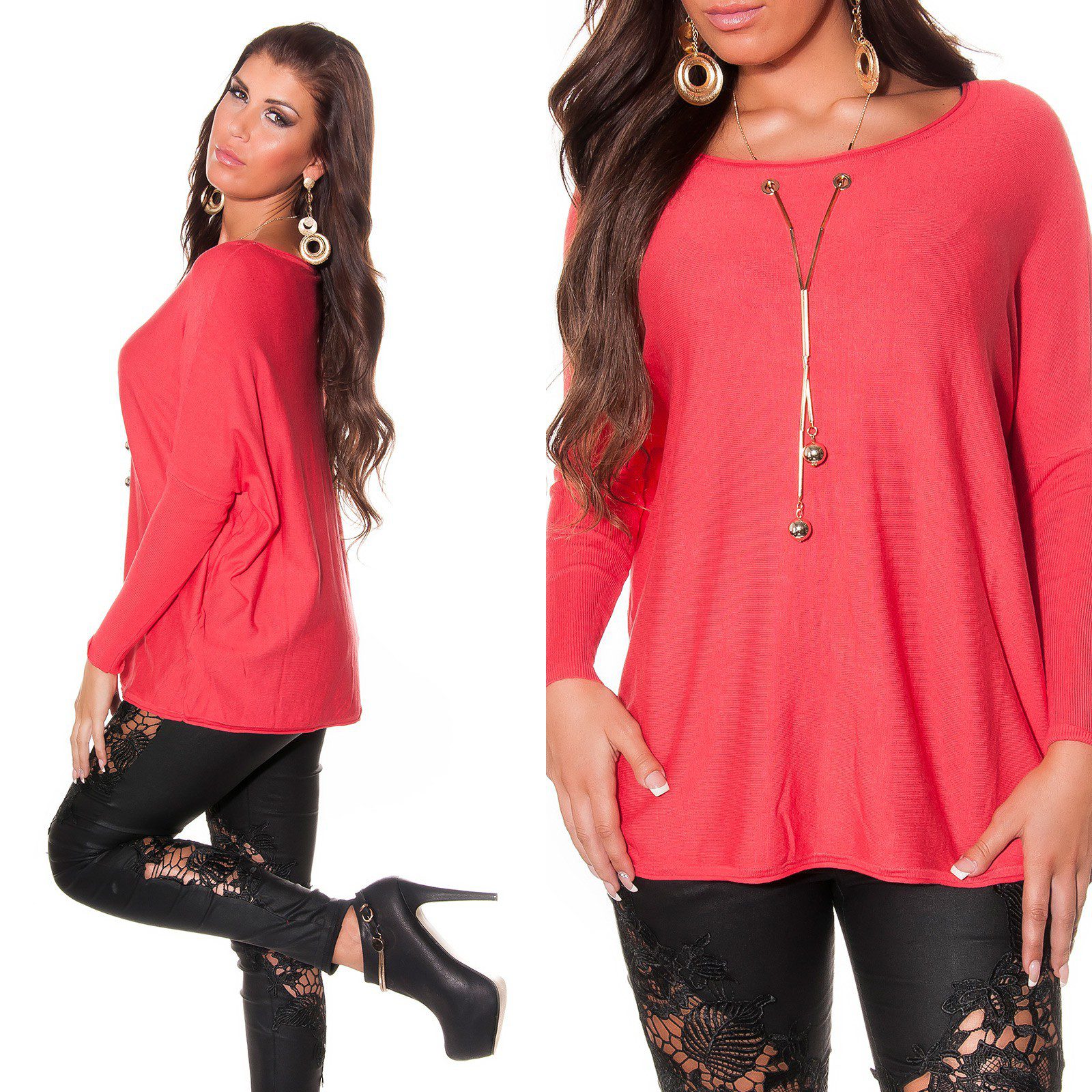 Pull femme fashion avec chaîne amovible SOLINE couleur corail – Image 2