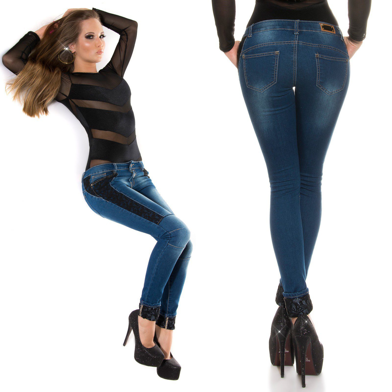 Jeans femme tendance avec dentelle MELINA couleur bleu – Image 3