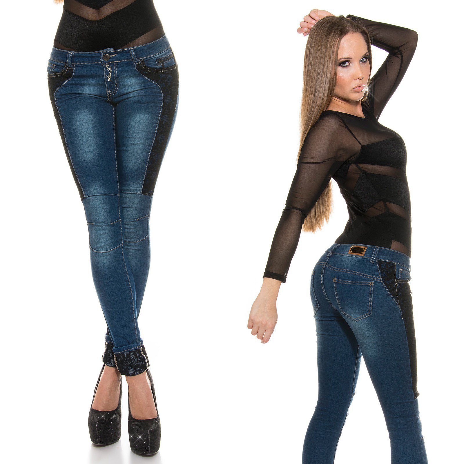 Jeans femme tendance avec dentelle MELINA couleur bleu – Image 2