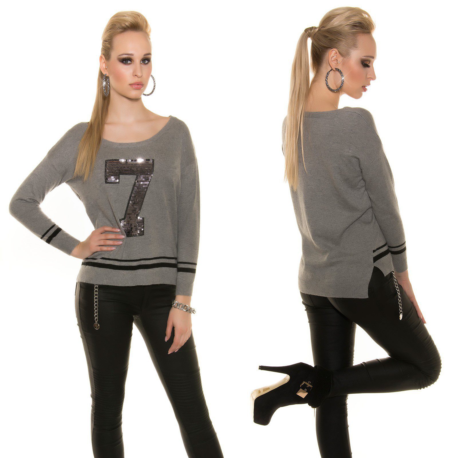 Pull tendance à paillettes CASSIE couleur gris – Image 2