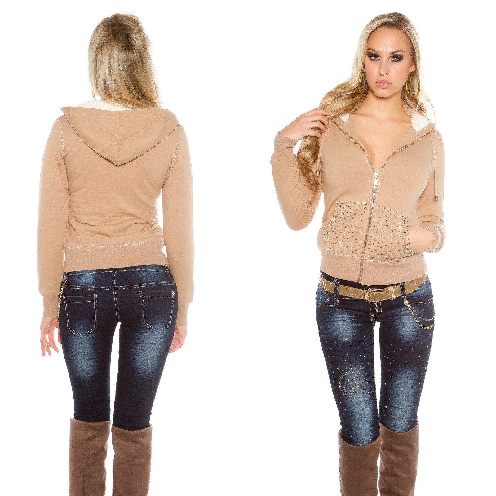 Veste femme à capuche avec des clous LYLA couleur beige – Image 2