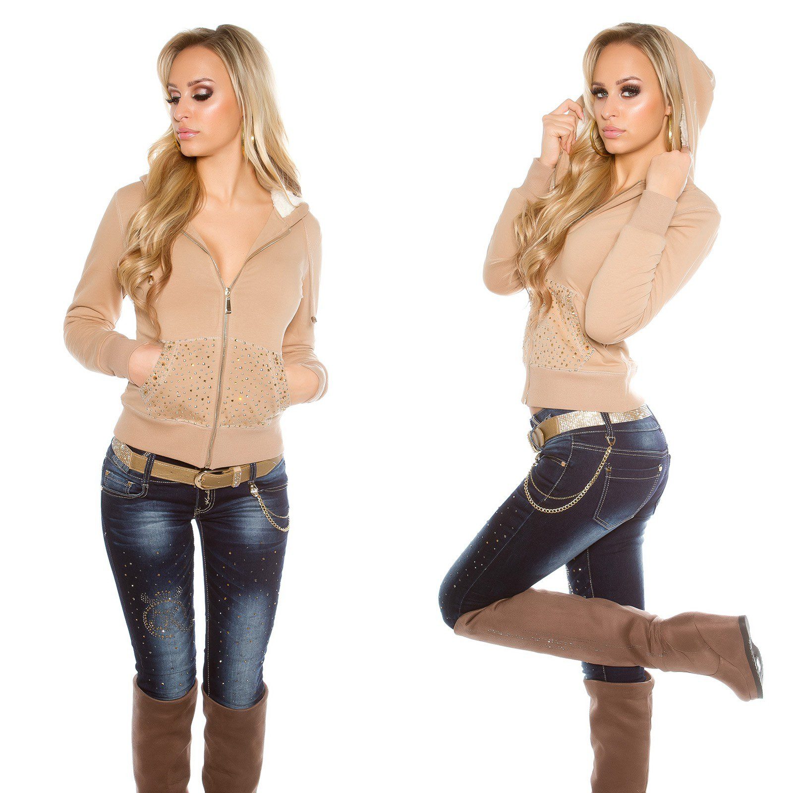 Veste femme à capuche avec des clous LYLA couleur beige – Image 4