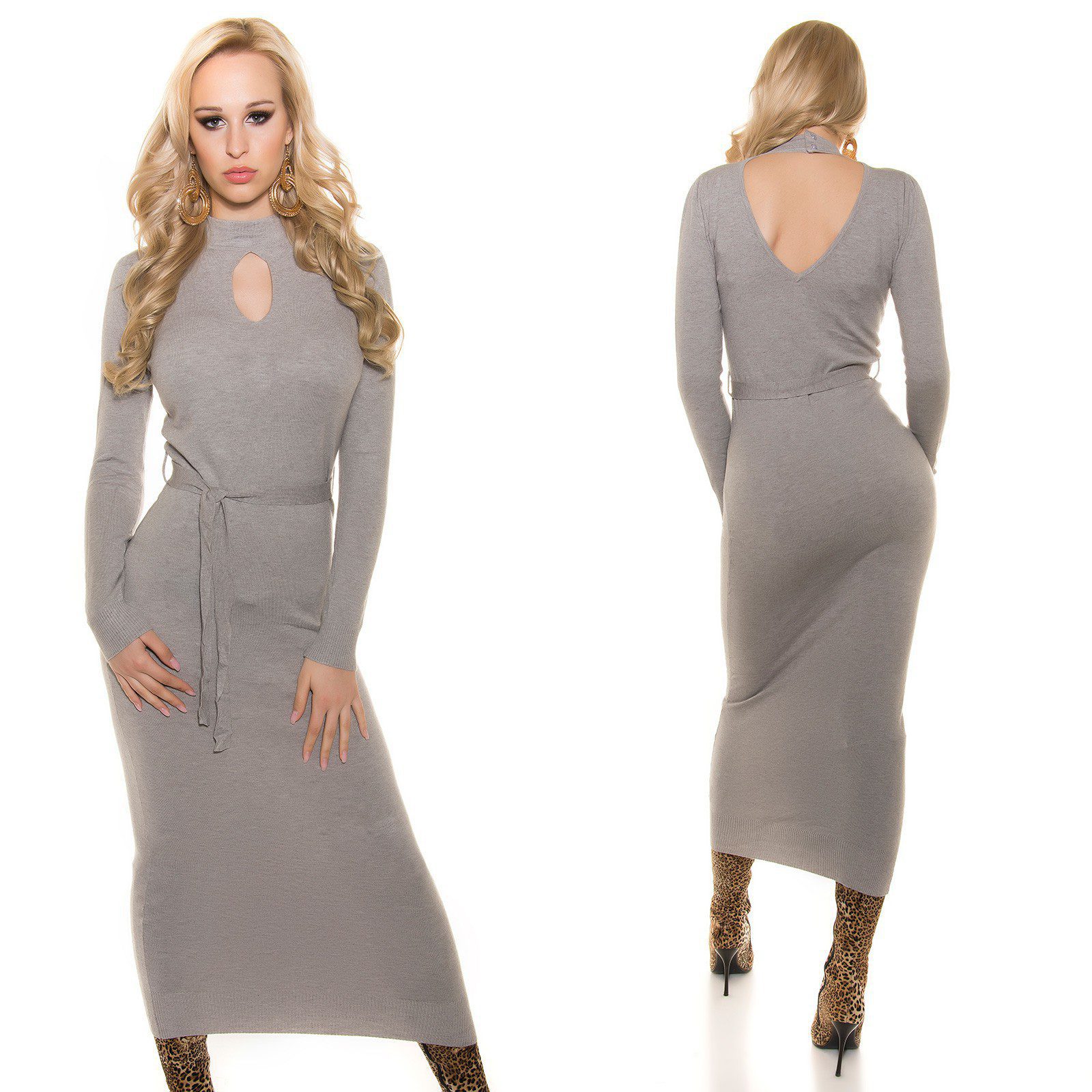 Robe longue maille pull et ceinture MANON couleur gris – Image 2