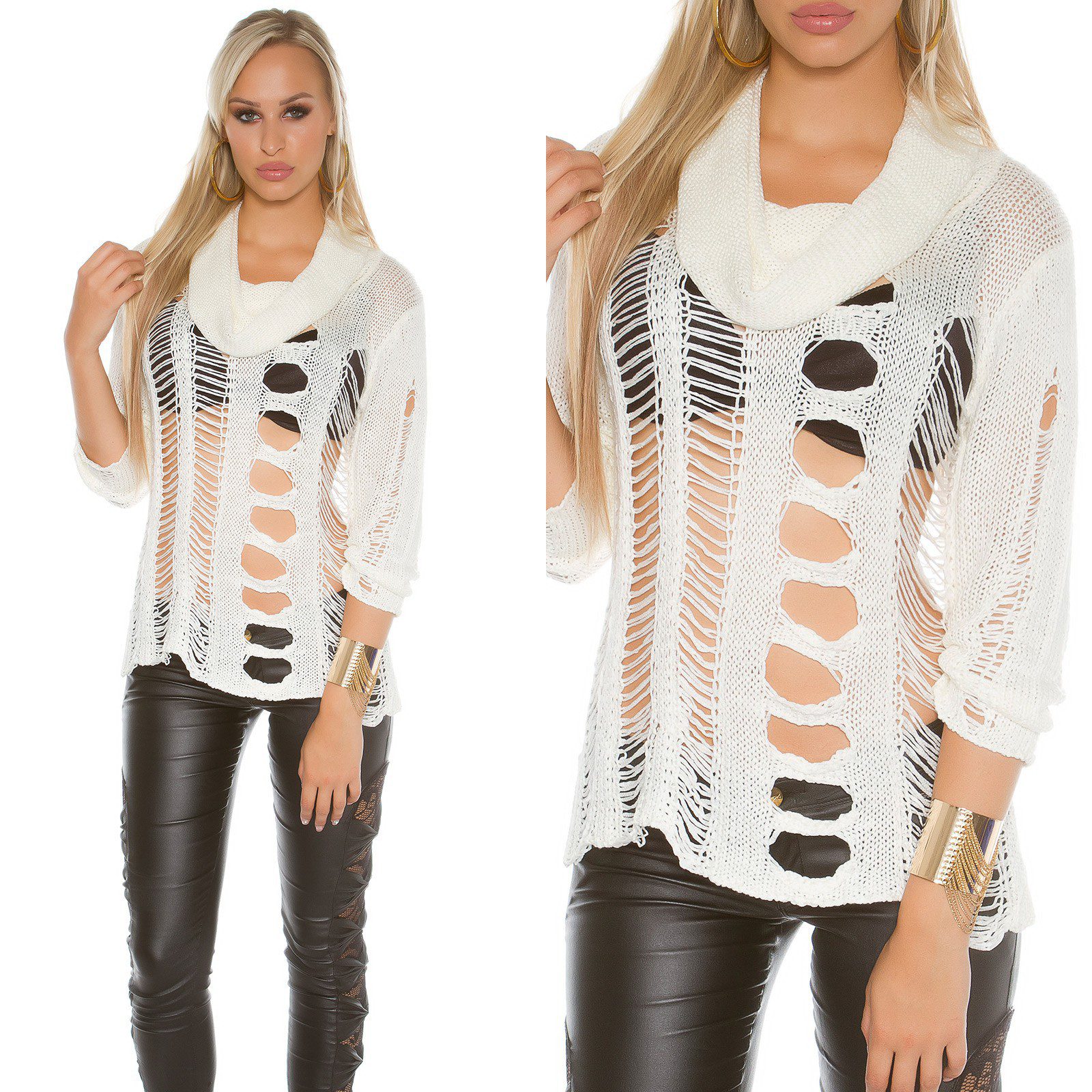 Pull ajourée col roulé sexy et fashion ANGELINA couleur crème – Image 3