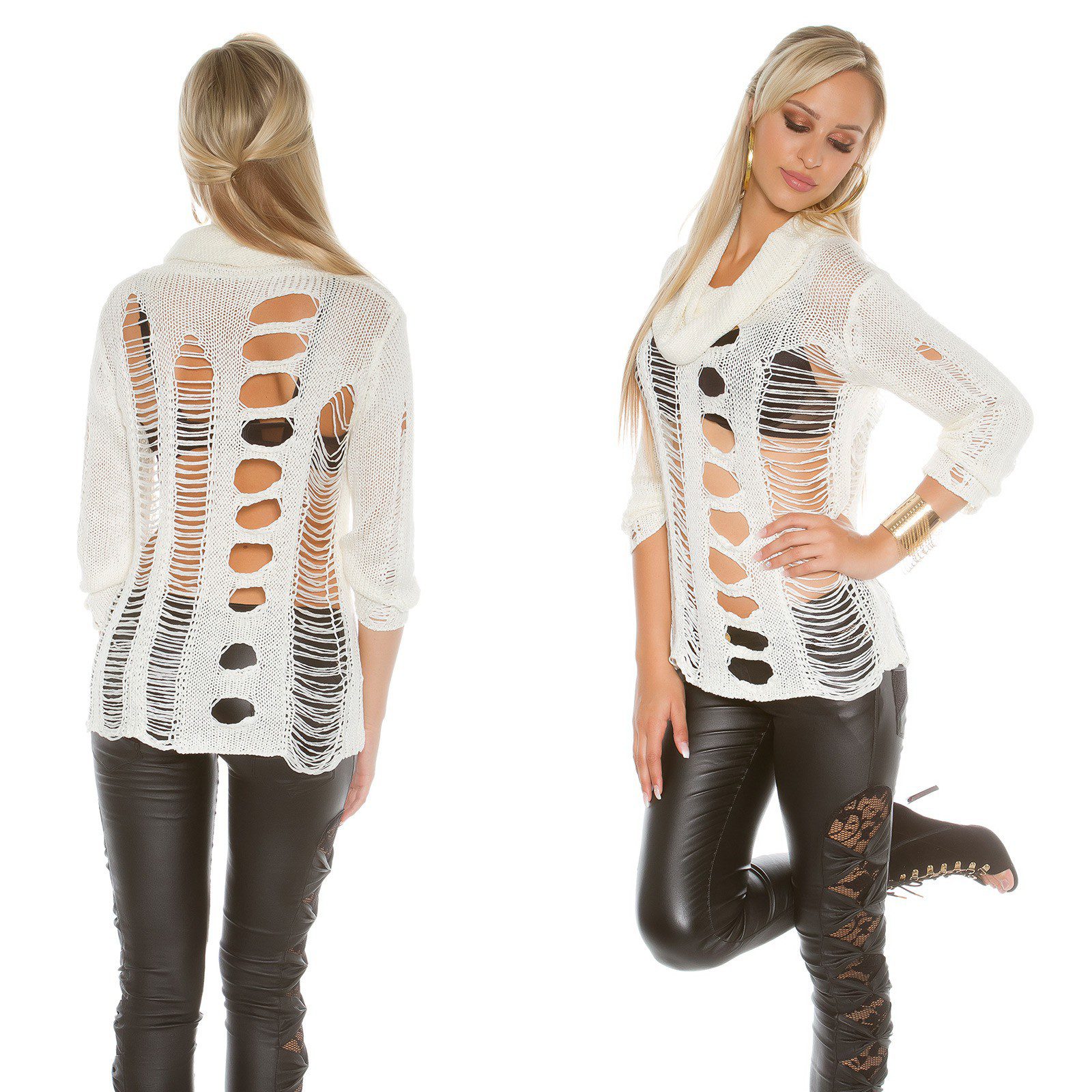 Pull ajourée col roulé sexy et fashion ANGELINA couleur crème – Image 2