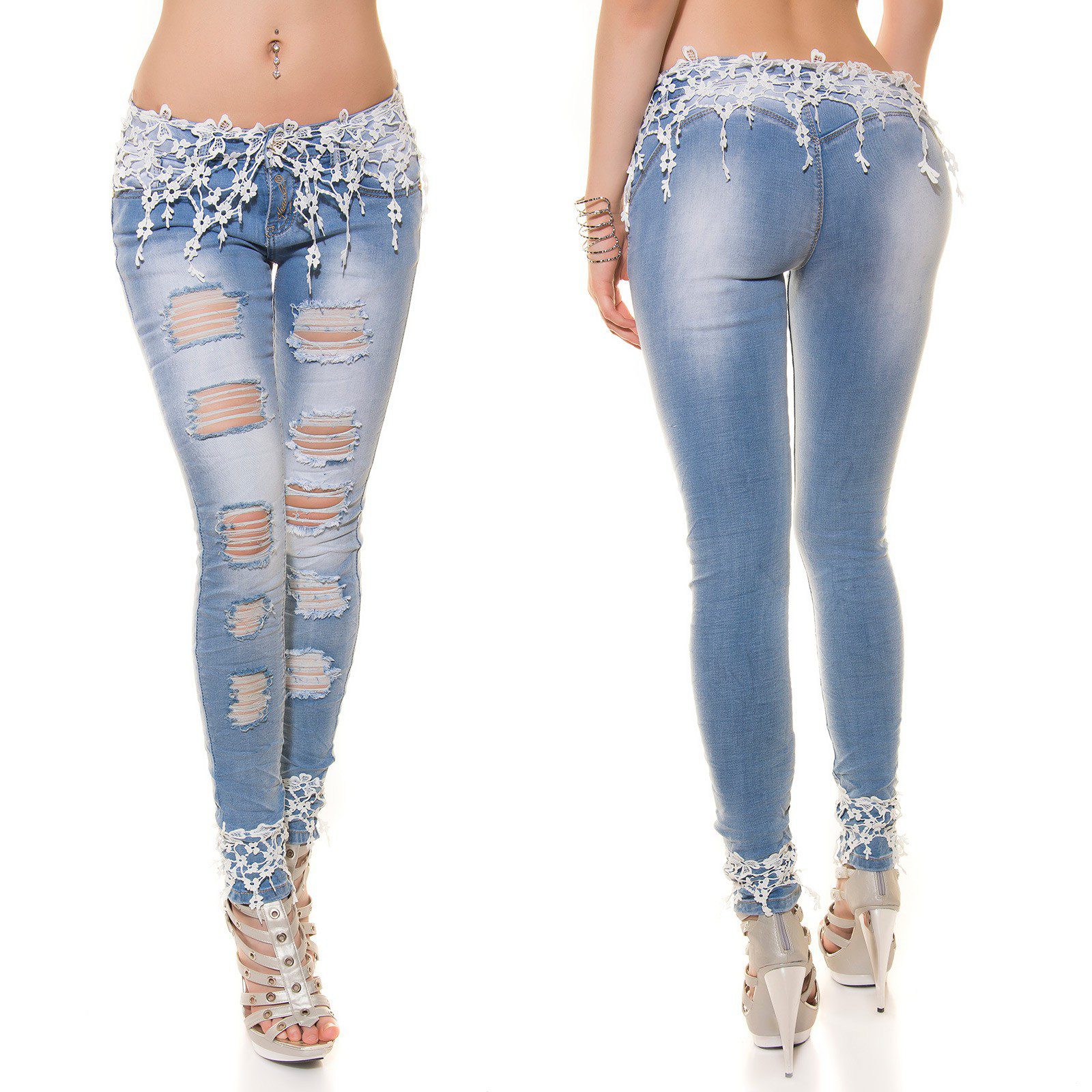 Jeans fashion femme avec dentelle blanche NADEGE couleur bleu – Image 3