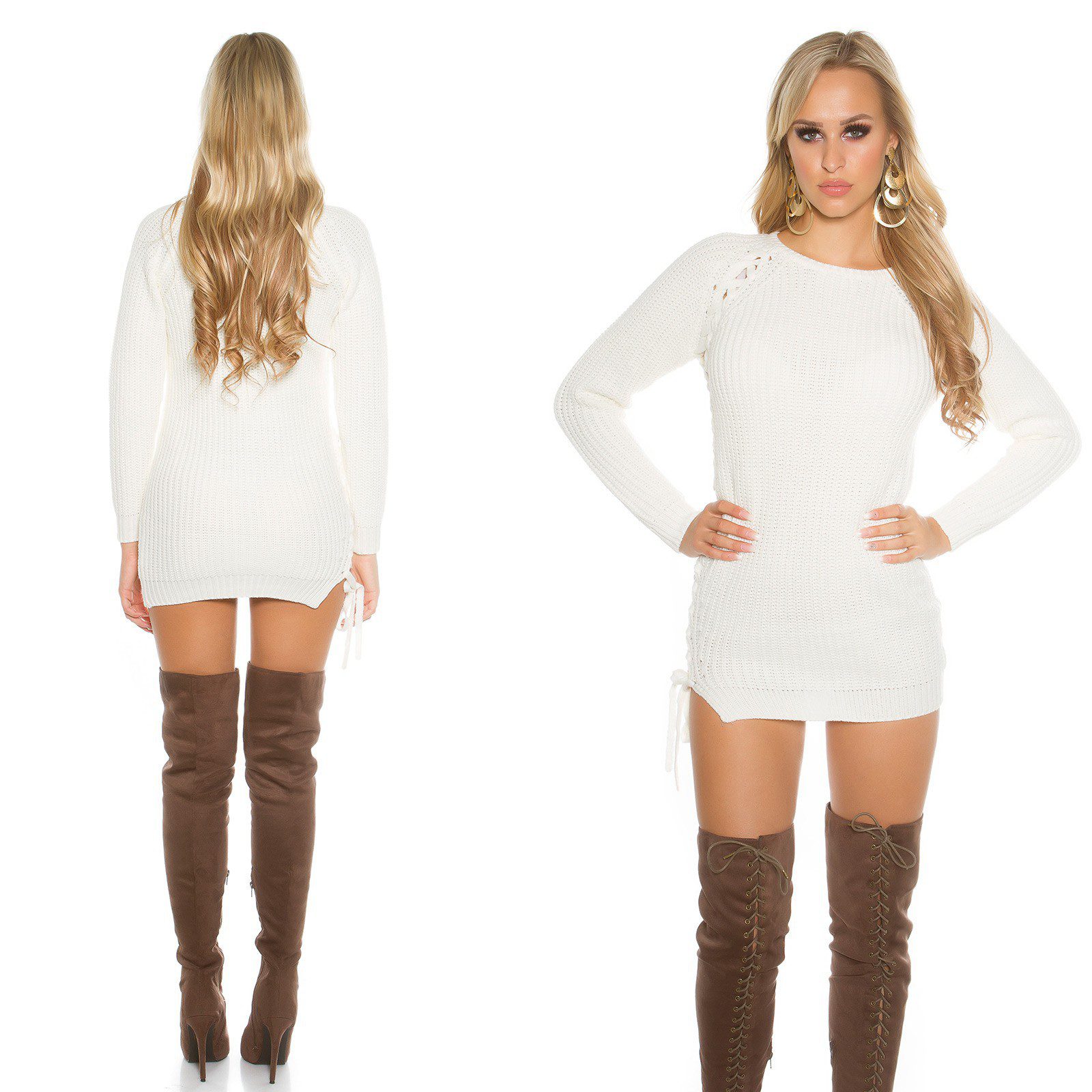 Pull long grosses mailles femme sexy ASTRID couleur crème