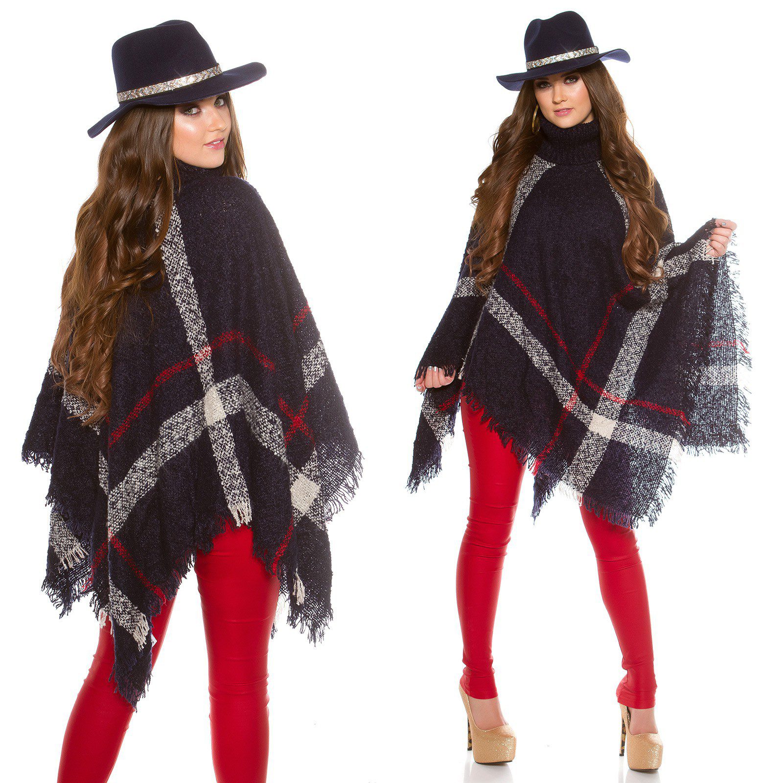 Poncho col roulé femme élégante NORA couleur marine – Image 3