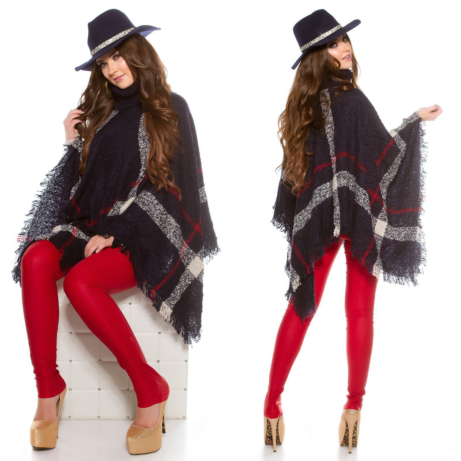 Poncho col roulé femme élégante NORA couleur marine – Image 4