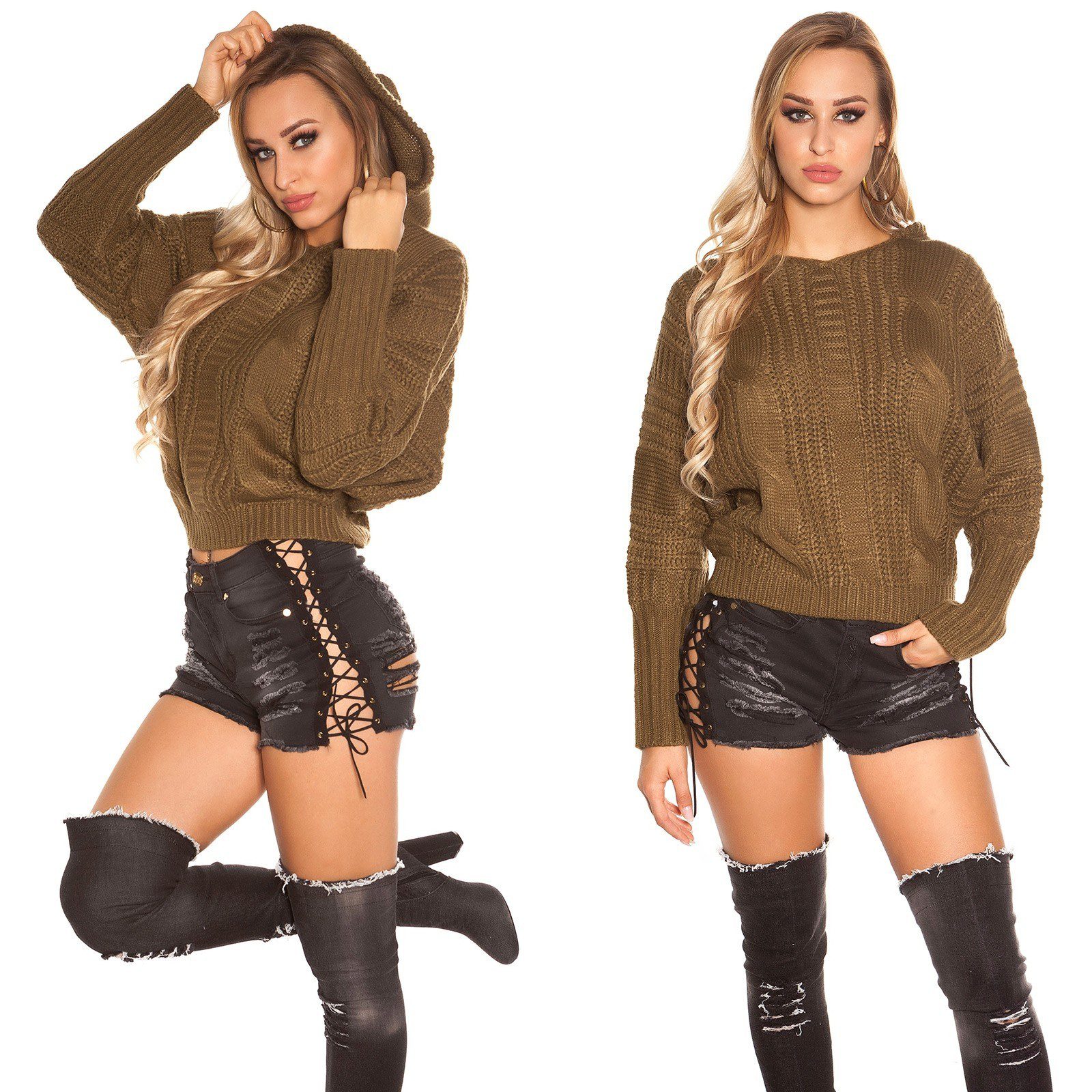 Pull tout doux à capuche femme fashion INES couleur kaki – Image 3