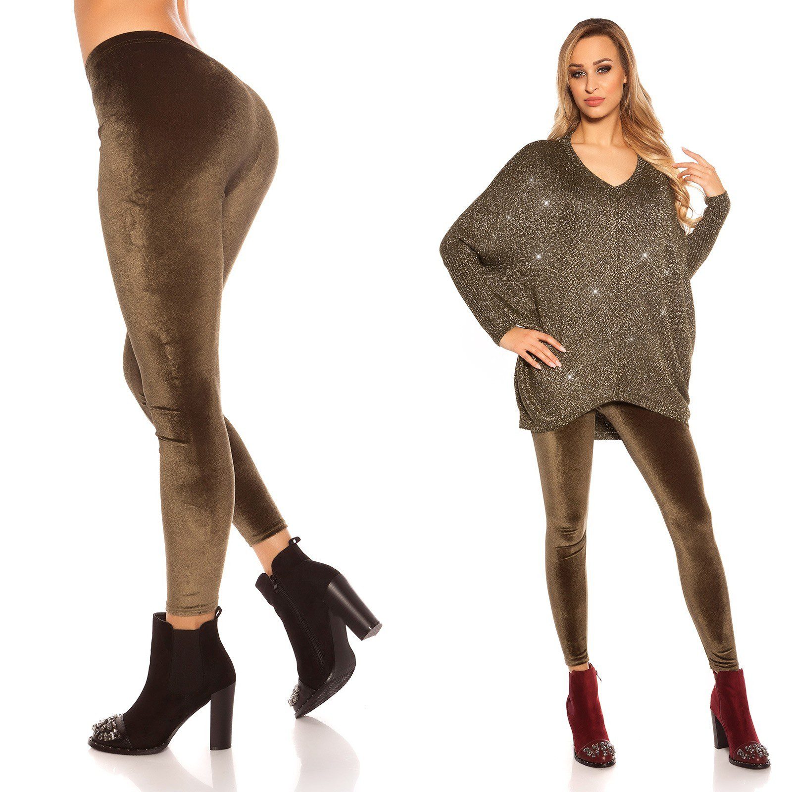 Leggings femme fashion et sexy en velours FATIA couleur kaki – Image 2