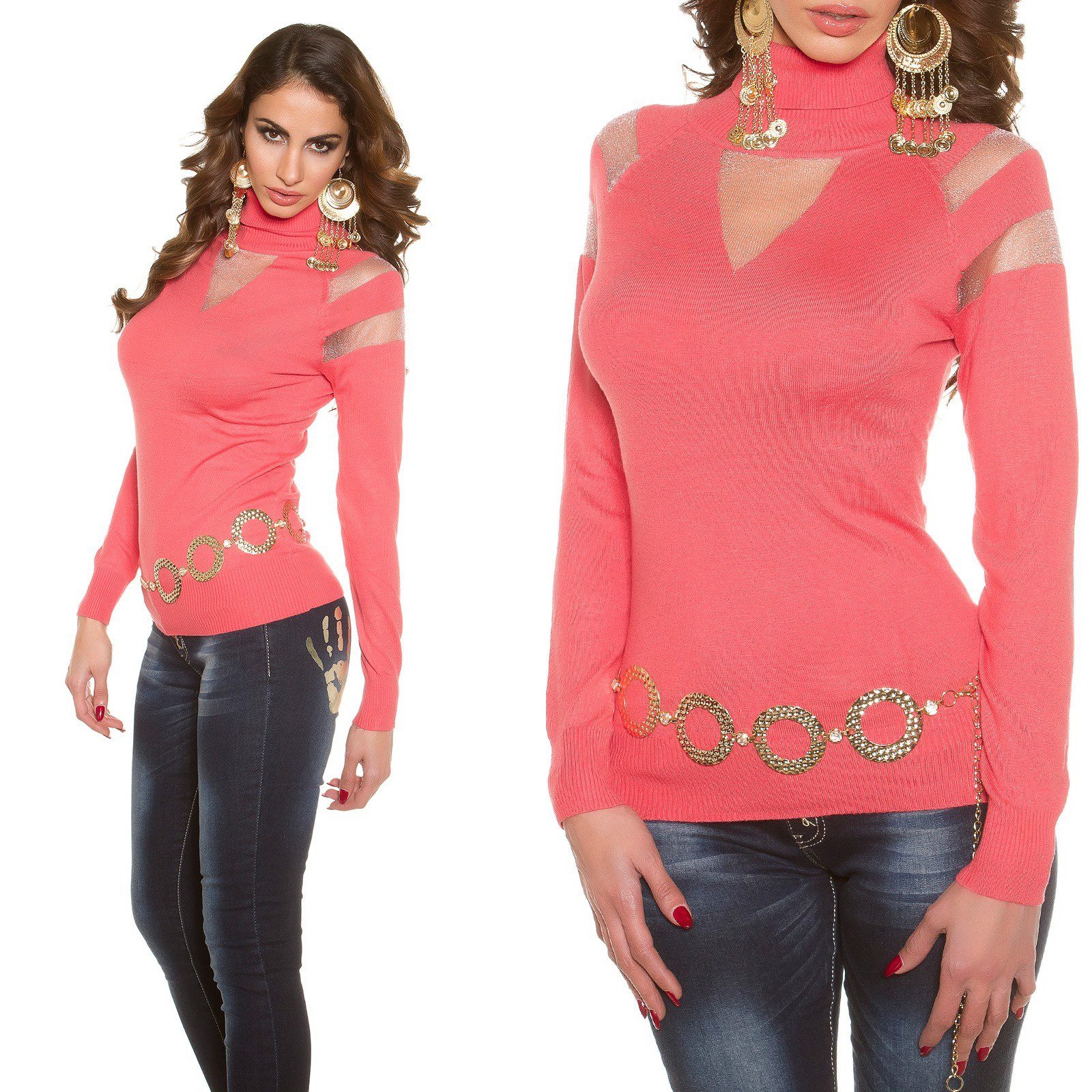 Pull femme avec mousseline TIANA couleur corail