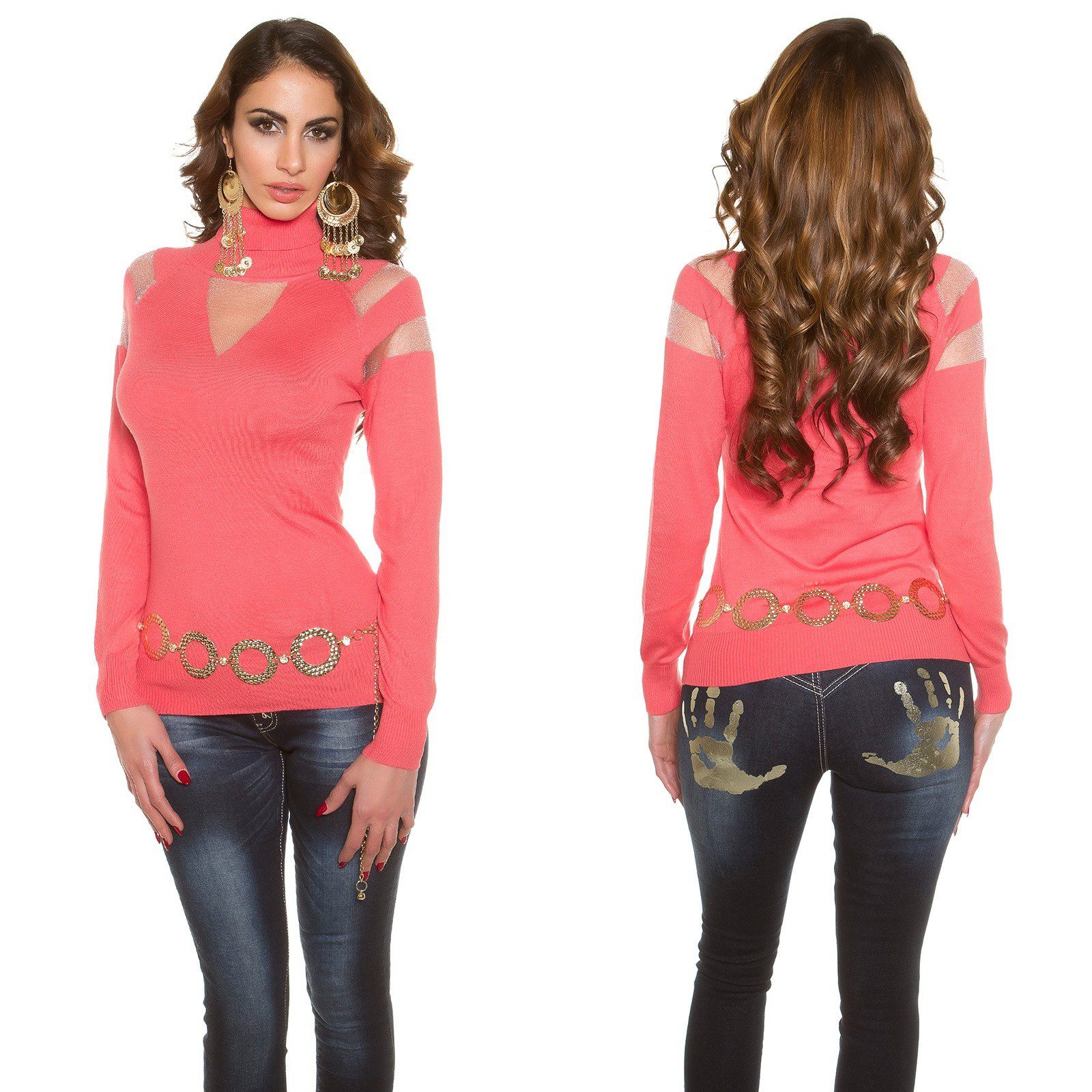 Pull femme avec mousseline TIANA couleur corail – Image 2