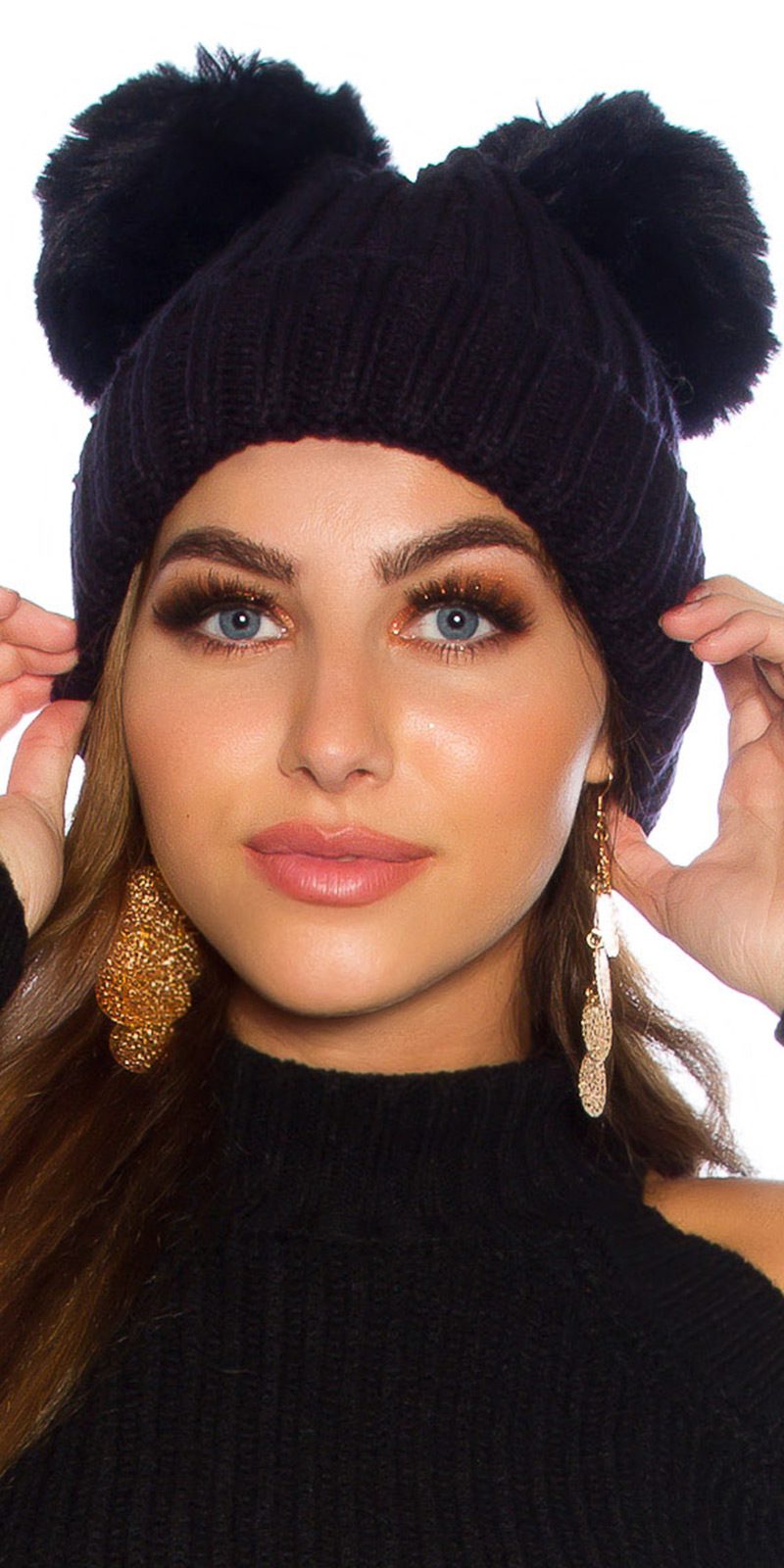 Bonnet femme double Pompons JULIETTA couleur marine – Image 4