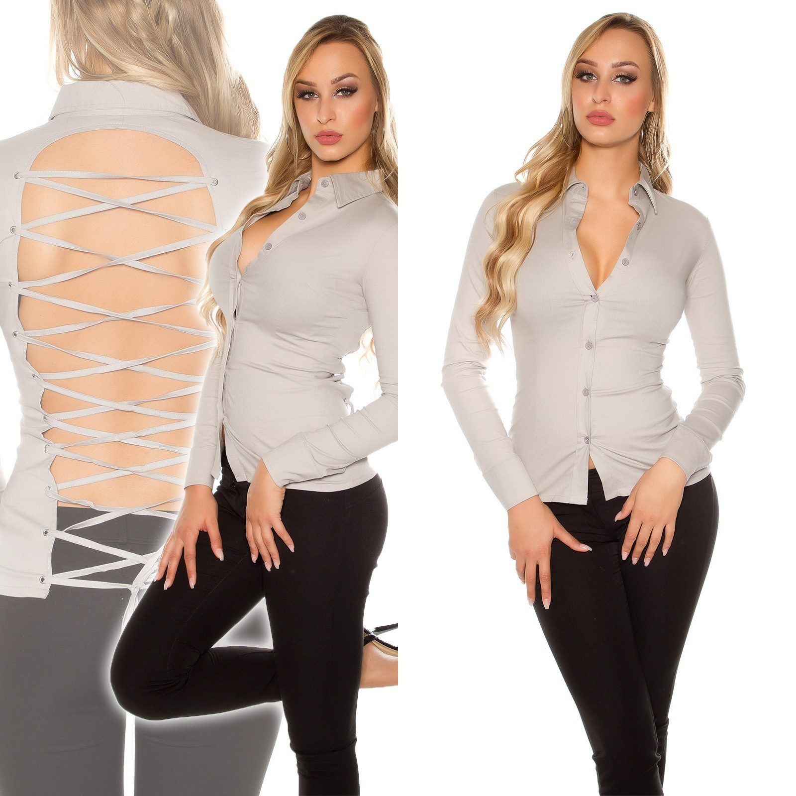 Chemisier manches longues à nouer dans le dos gris – Image 3