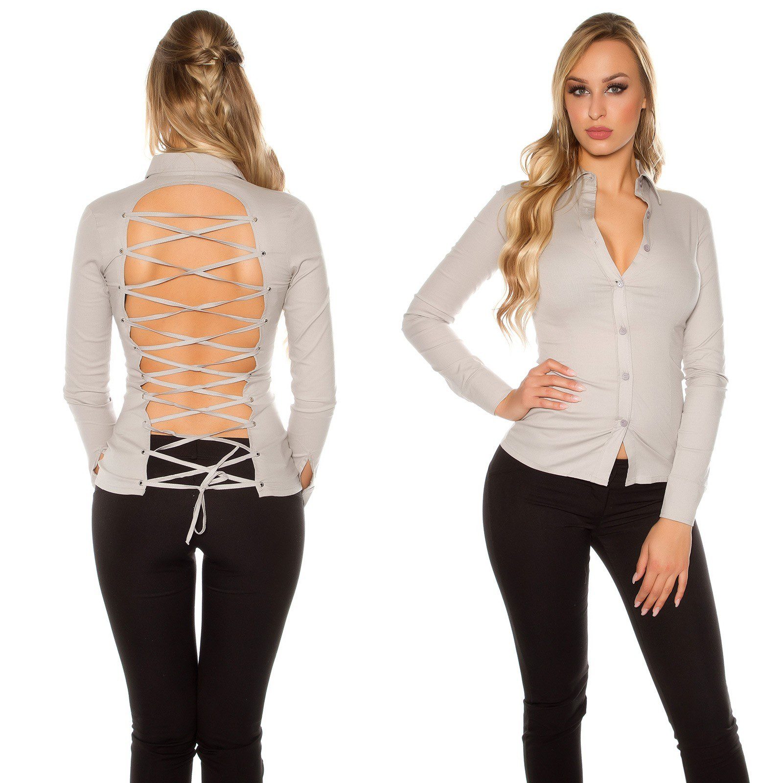 Chemisier manches longues à nouer dans le dos gris – Image 4