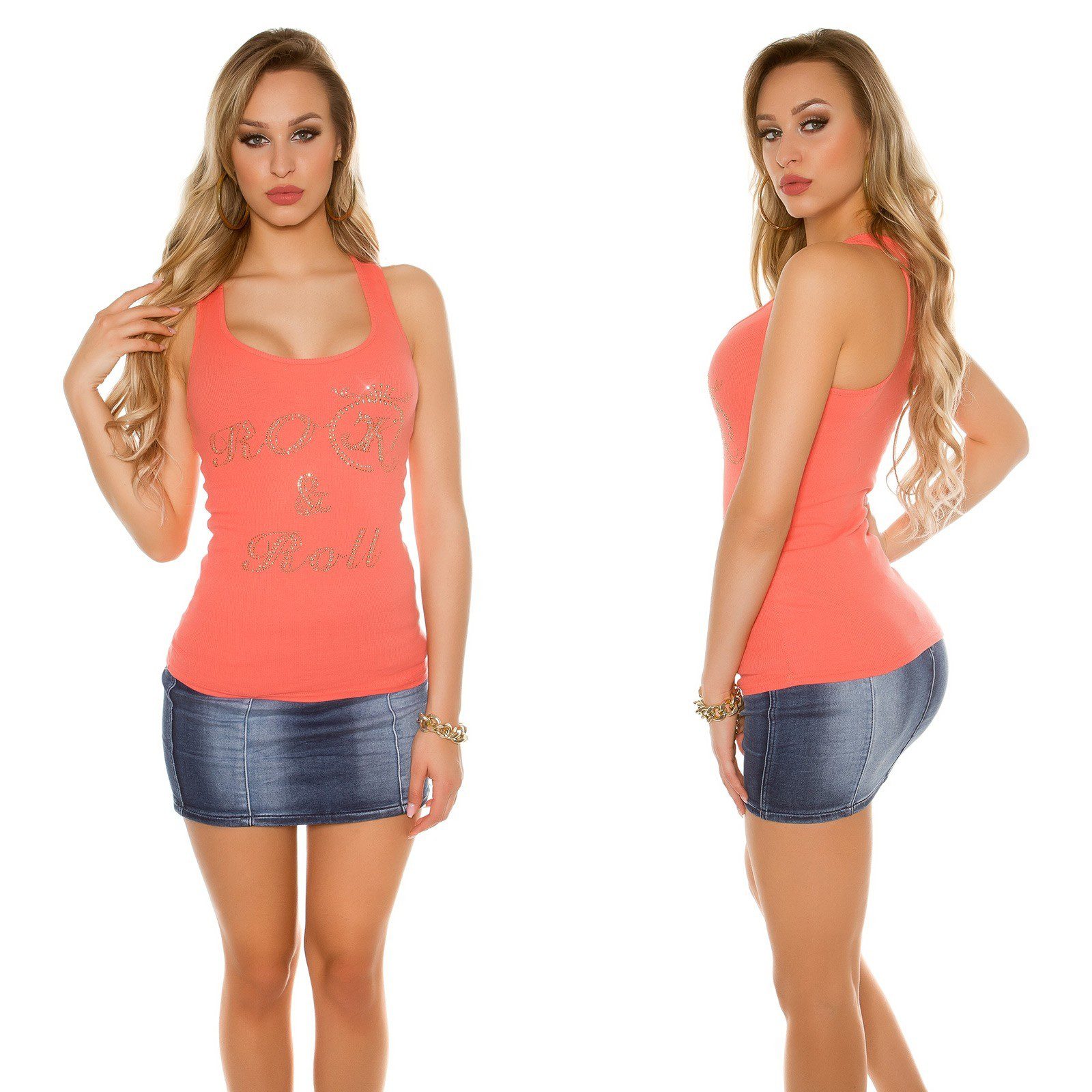 Débardeur sexy strass ROCK ‘N ROLL couleur corail – Image 3