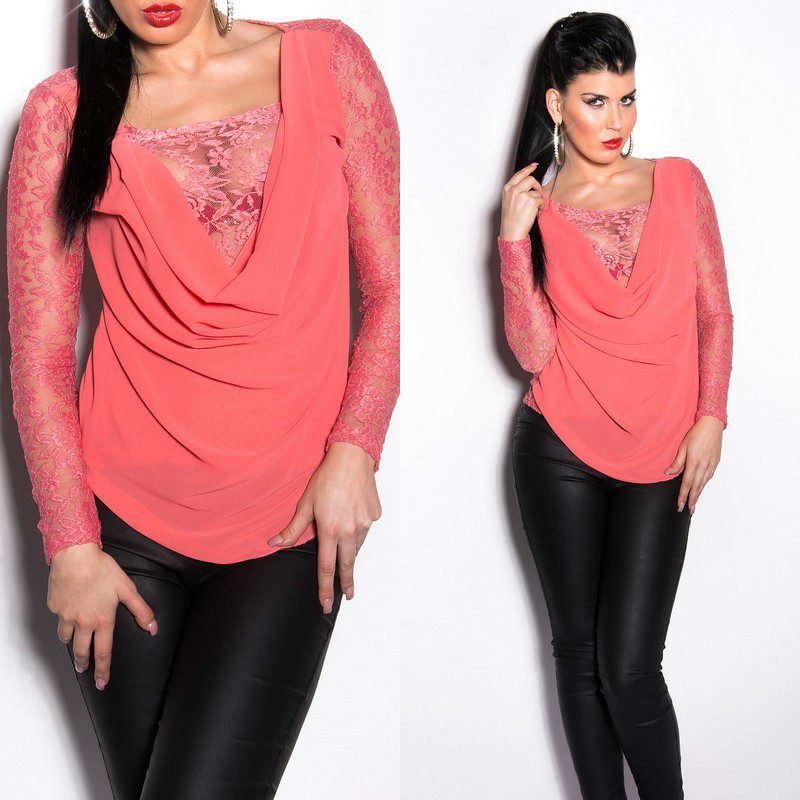 T shirt sexy KouCla avec de la dentelle couleur corail – Image 3