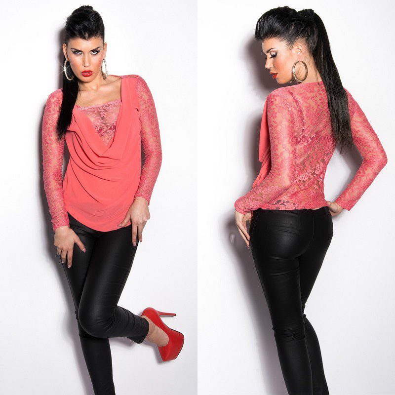T shirt sexy KouCla avec de la dentelle couleur corail – Image 2