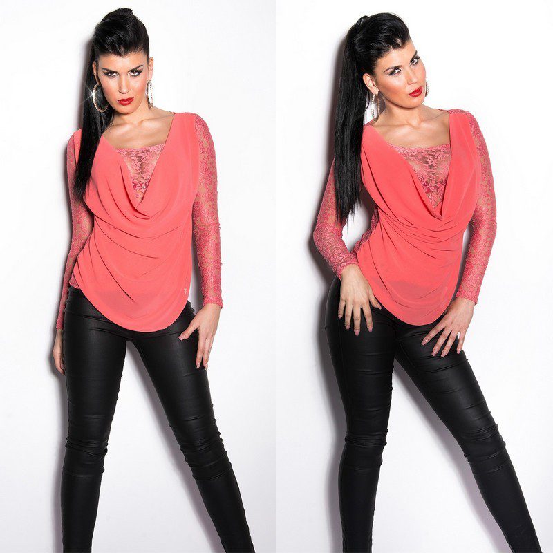 T shirt sexy KouCla avec de la dentelle couleur corail – Image 4